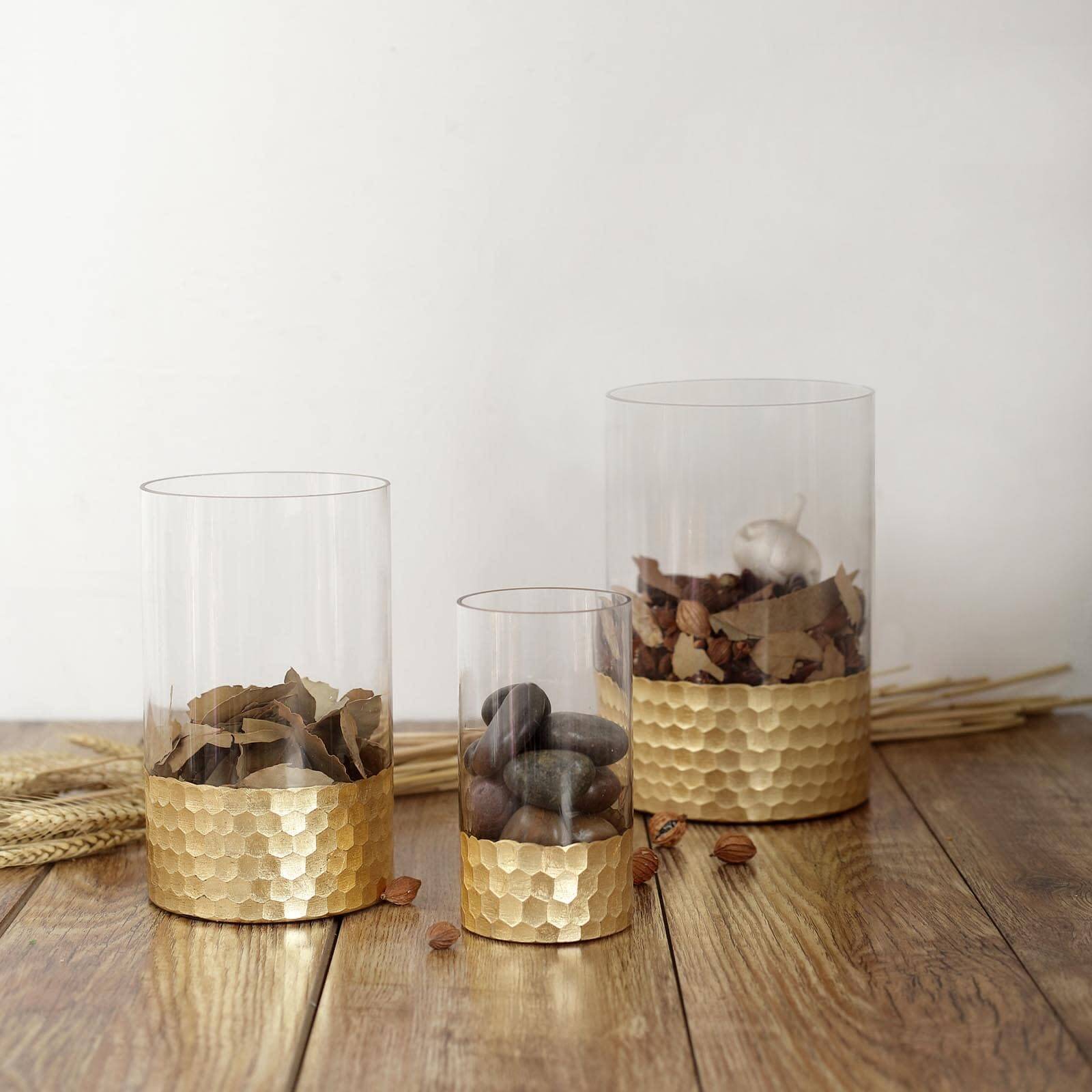 Set of 3 Glass Cylinder Vases Honeycomb Design Clear with Gold Base - Decorative Candle Holder Centerpieces 6", 8", 10"