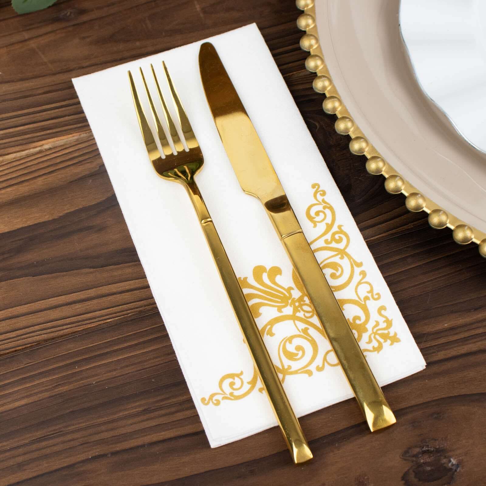 25 Pack White Linen-Feel Dinner Paper Napkins with Gold Fleur Vintage Print, Premium Cloth-Like Airlaid Disposable Napkins, Soft and Absorbent Guest Towels