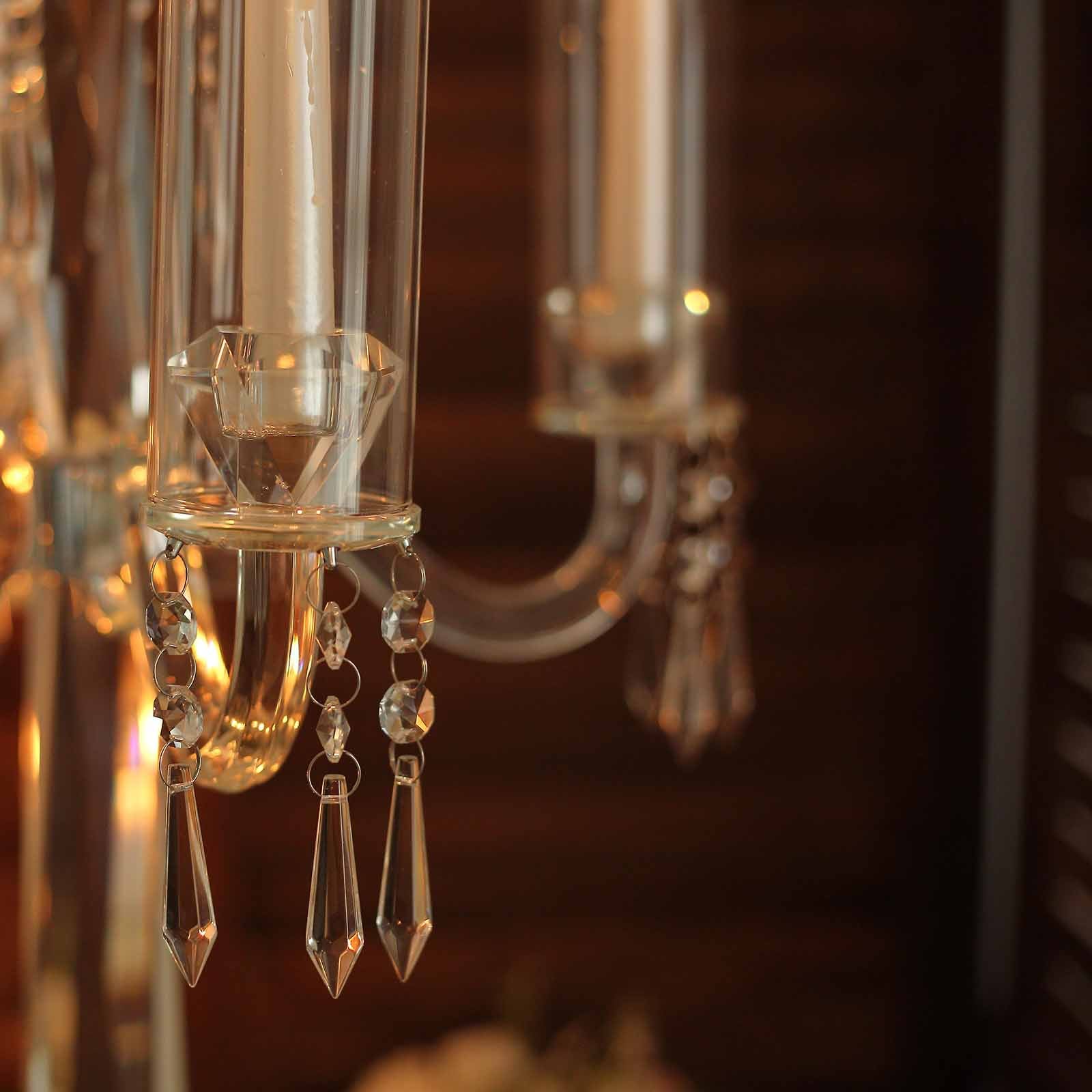 4 Arm Crystal Glass Taper Candle Holder Candelabra, Decorative Table Centerpiece With Chandelier Chains 36"