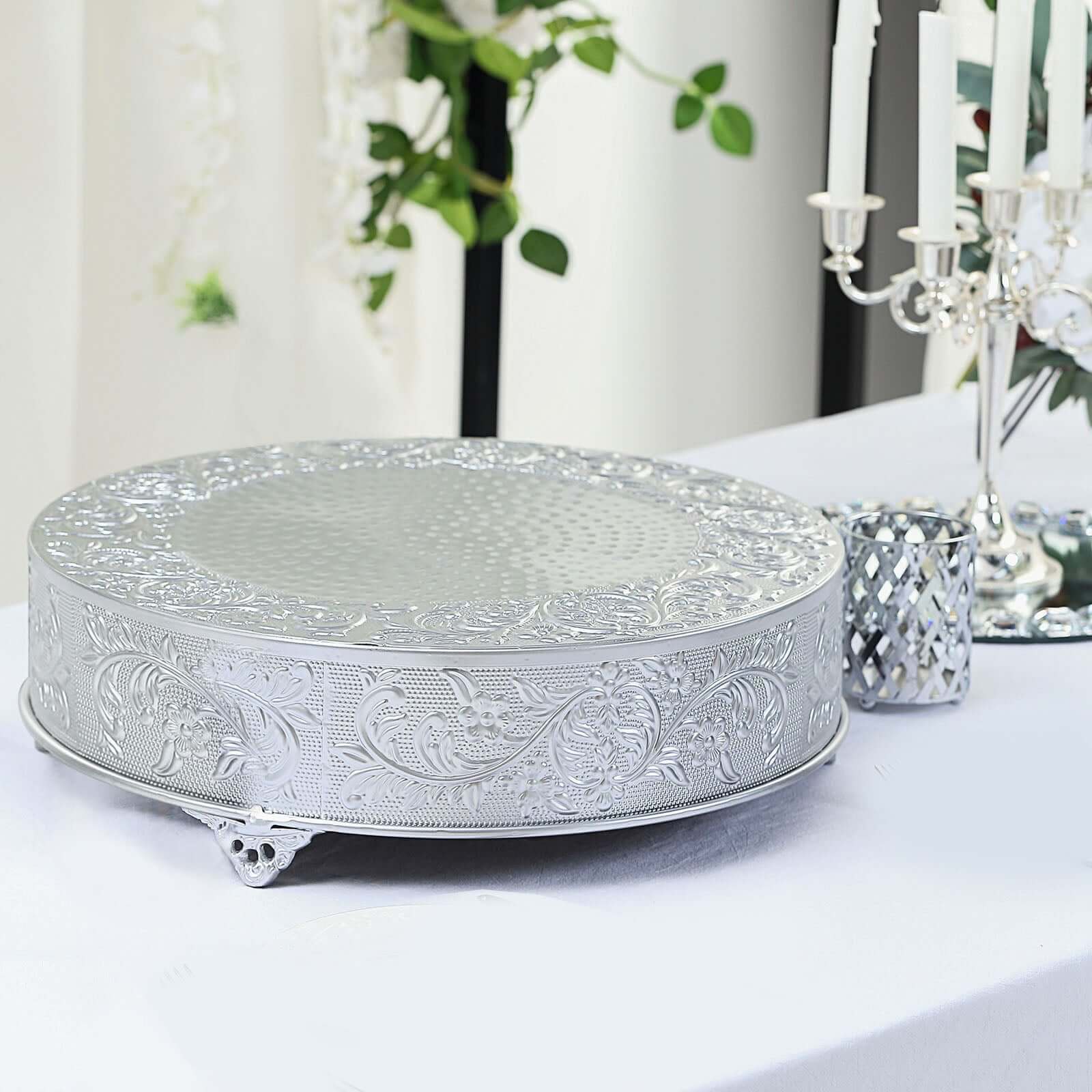 Metal 18" Round Cake Pedestal Stand Matte Silver - Cupcake Dessert Display Riser with Intricate Embossed Design for Upscale Events & Gatherings