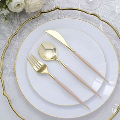 24-Pack Plastic Flatware Set in Metallic Gold with Beige Handle - Heavy Duty Disposable Modern Silverware 8"
