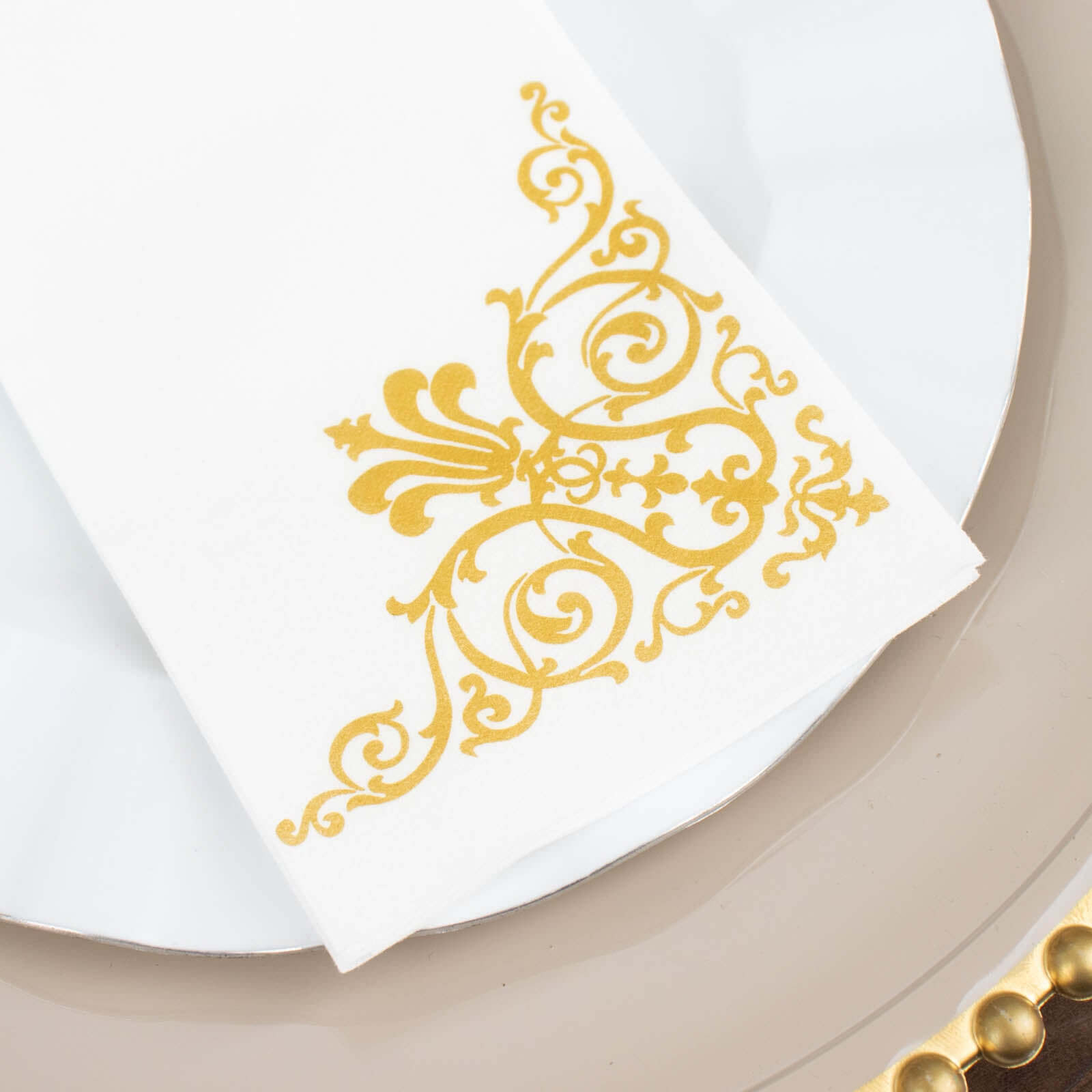 25 Pack White Linen-Feel Dinner Paper Napkins with Gold Fleur Vintage Print, Premium Cloth-Like Airlaid Disposable Napkins, Soft and Absorbent Guest Towels