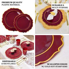 10-Pack Plastic 8" Round Desert Plates in Taupe with Gold Scalloped Rim - Disposable Appetizer/Salad Plates