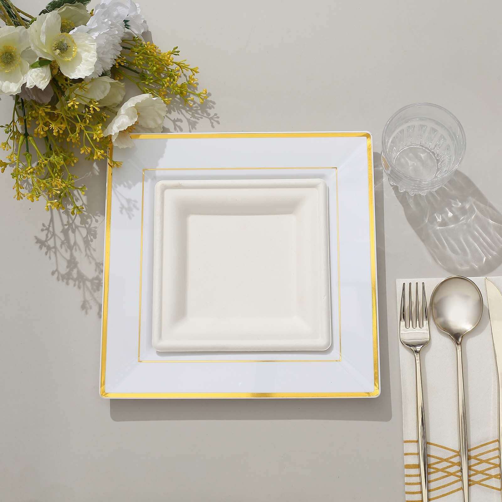 10-Pack Plastic Dinner Plates White Square with Gold Trim - Lightweight Disposable Plates for Events 10"