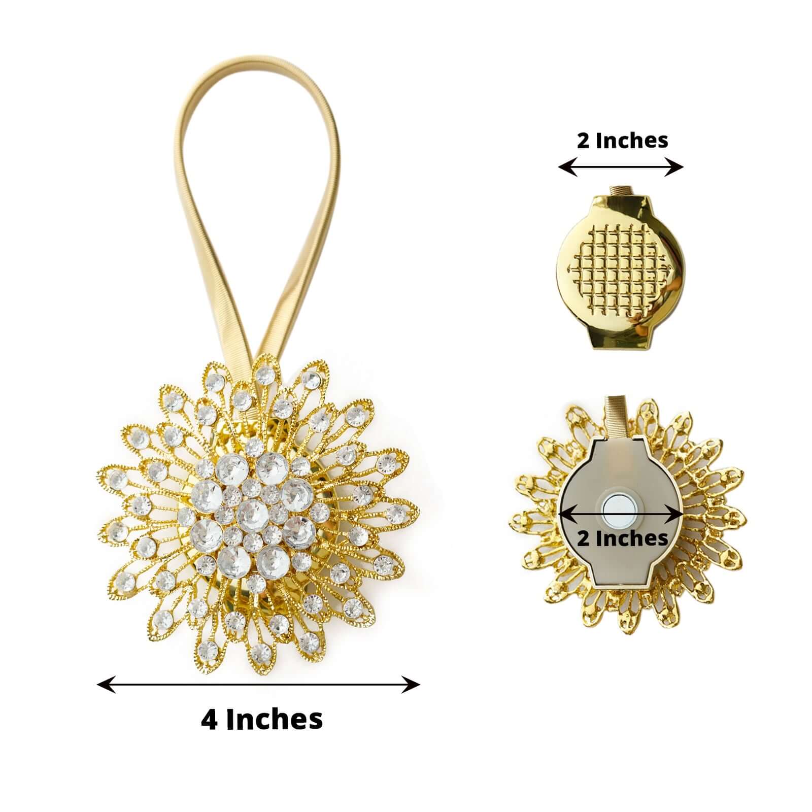 2 Pack 4" Gold Crystal Flower Magnetic Curtain Tie Backs, Backdrop Drapery Panel Buckle Clips