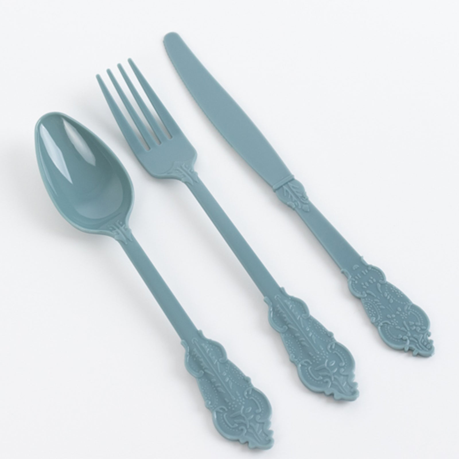 72 Pcs Plastic Silverware Set in Baroque Style Dusty Blue - Heavy Duty Disposable Knife, Fork, and Spoon Set