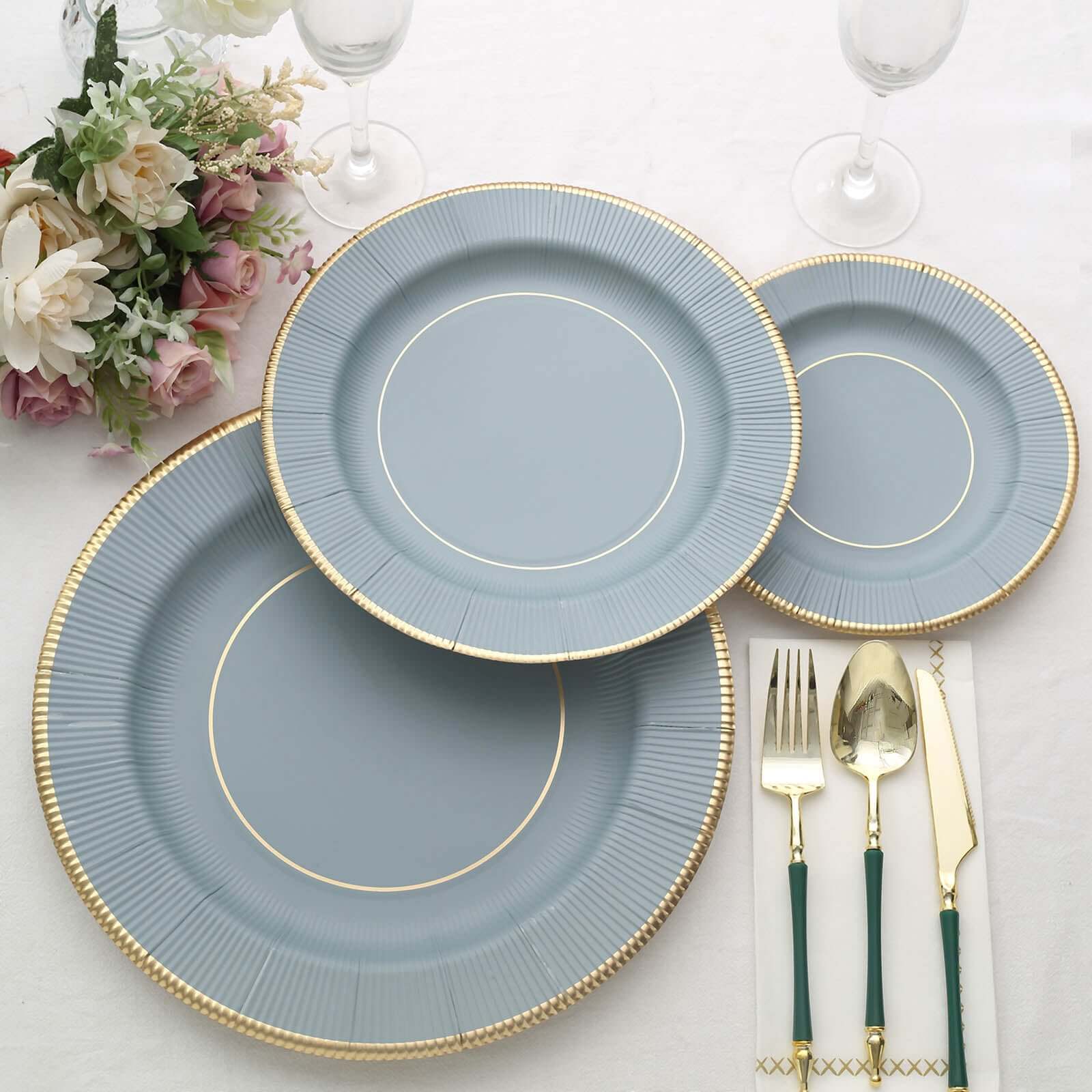 25-Pack Disposable Round Charger Plates in Dusty Blue Sunray Design with Gold Rim - 350GSM Heavy Duty Paper Chargers 13"