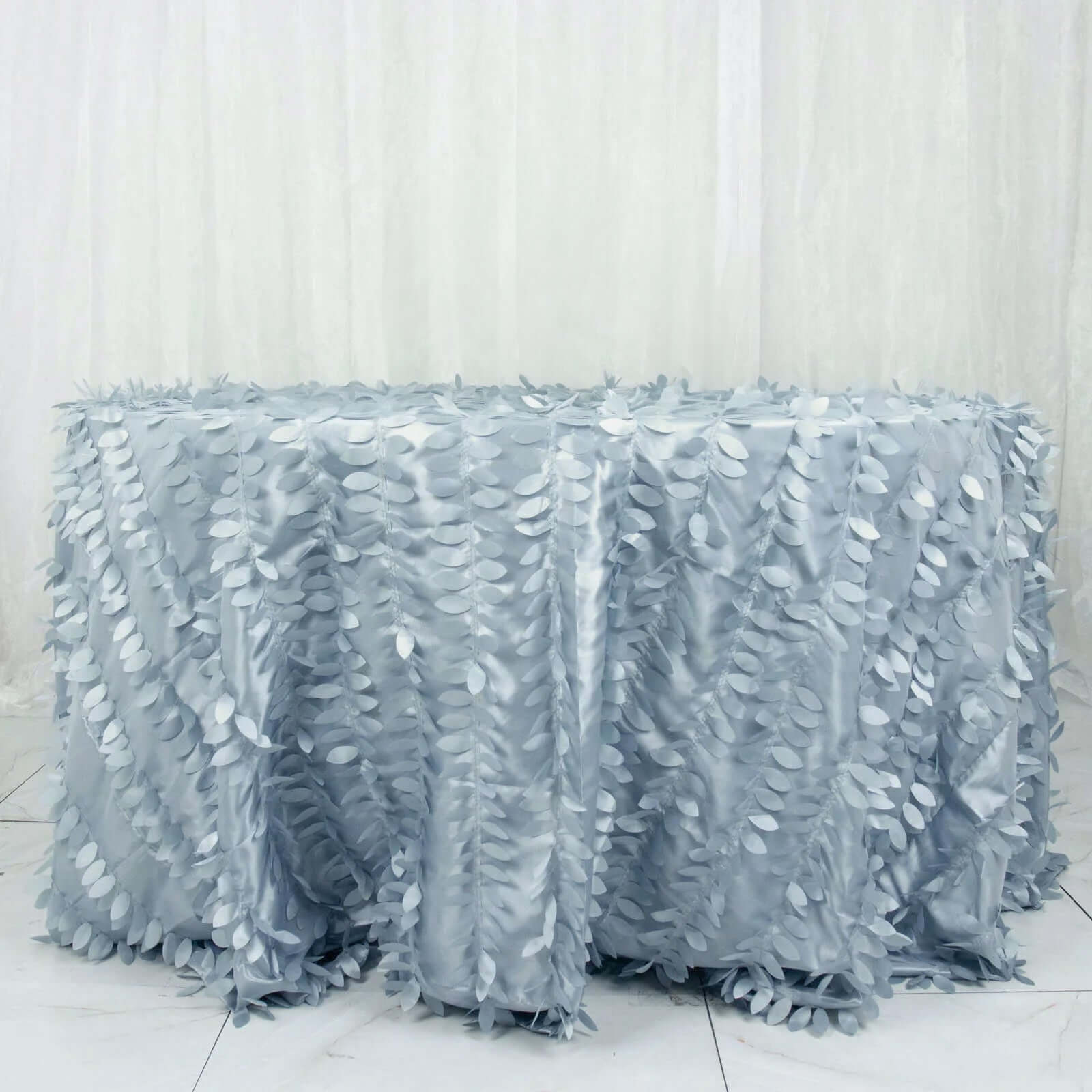 Taffeta 132" Round Tablecloth Dusty Blue | 3D Leaf Petal Design Seamless Table Cover