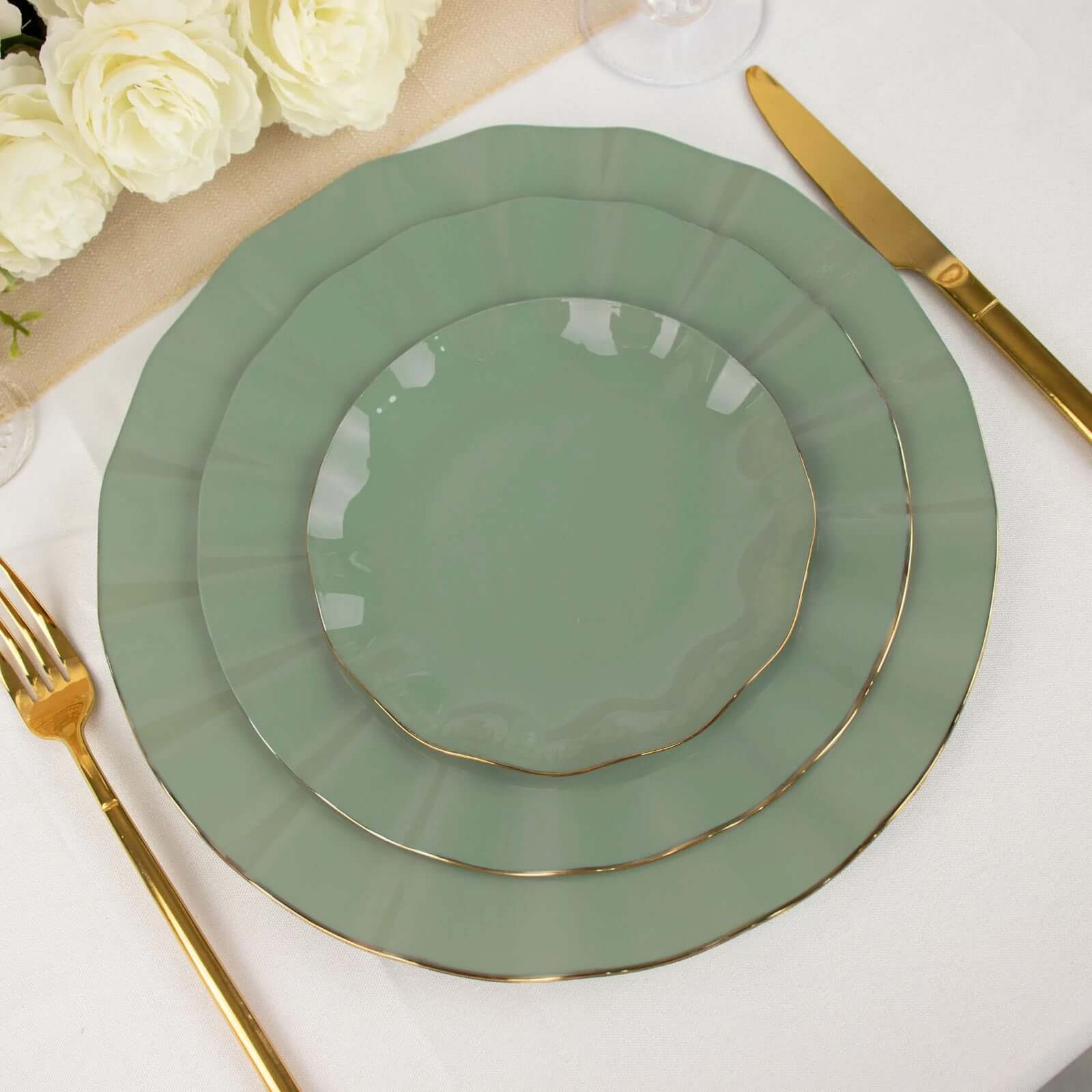 10-Pack Plastic Round 6" Dessert Plates in Dusty Sage Green Ruffled Rim with Gold Edging - Sturdy Disposable Salad Appetizer Dinnerware