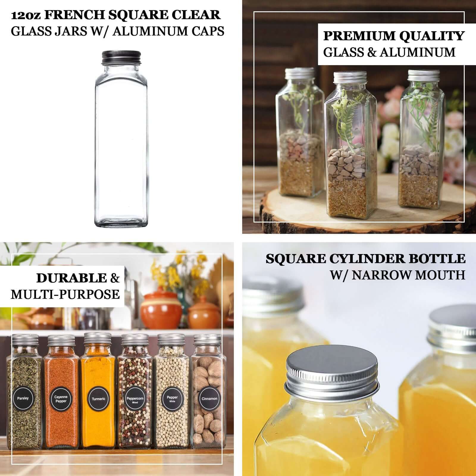 12-Pack Glass Jars French Square Design Clear with Aluminum Caps - Refillable Storage Bottles for Pantry & Organization 7" 12oz