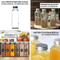 12-Pack Glass Jars French Square Design Clear with Aluminum Caps - Refillable Storage Bottles for Pantry & Organization 7" 12oz