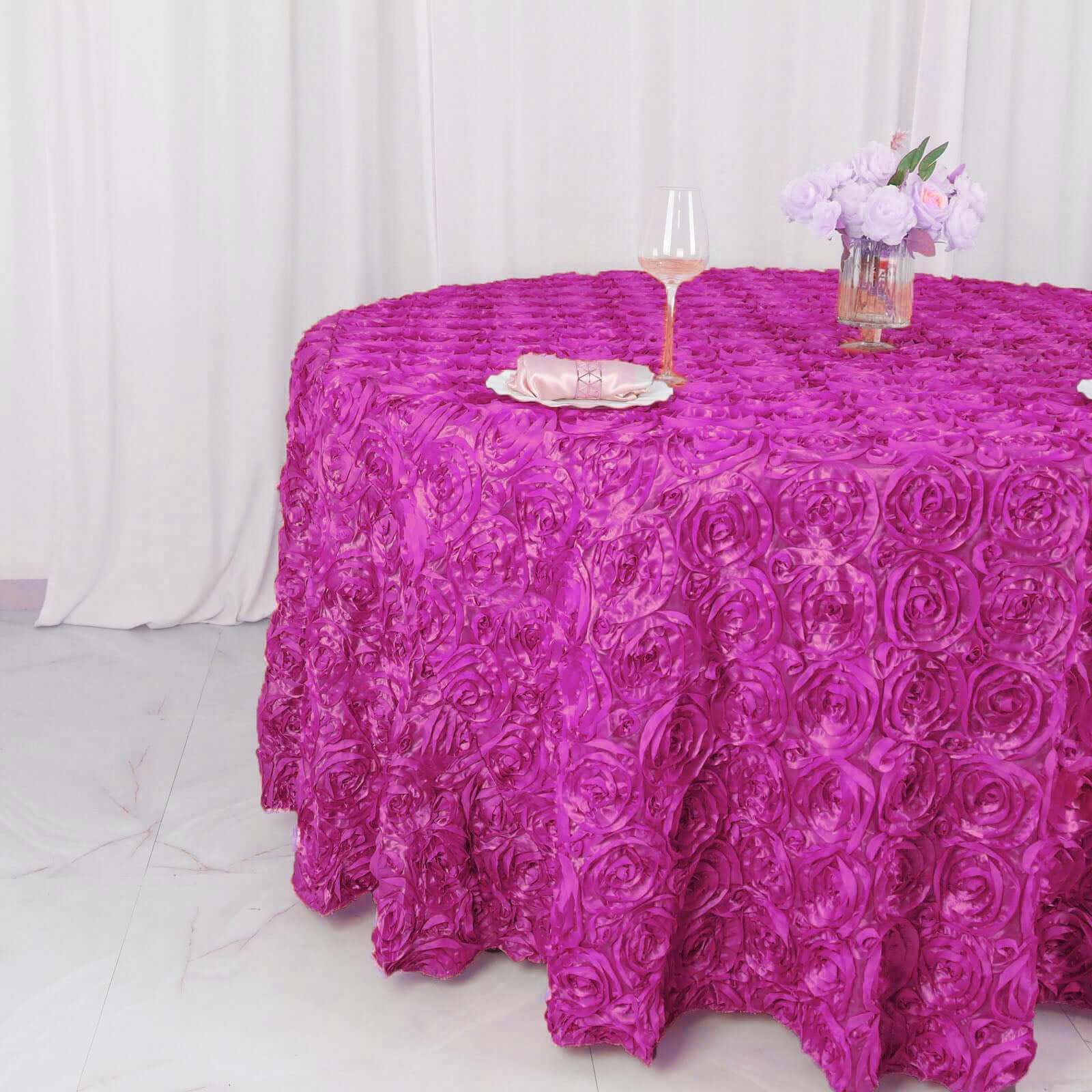 Satin 120" Round Tablecloth Fuchsia - Grandiose 3D Rosette with Seamless Finish Table Cover