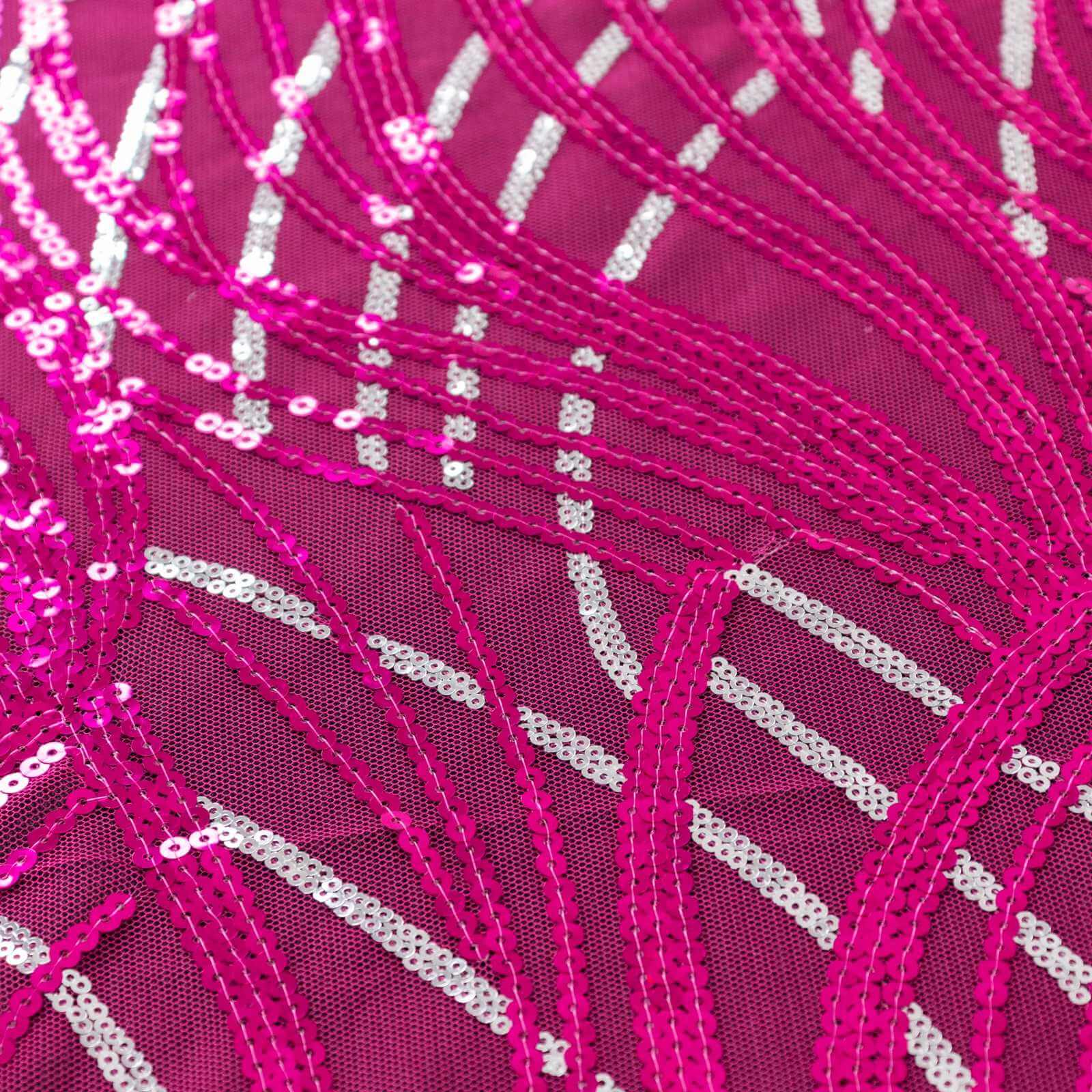 Mesh 72"x72" Table Overlay Square Tablecloth Fuchsia Silver - Wave Embroidered Sequins Table Topper