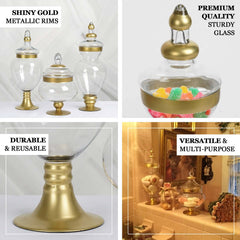 Set of 3 Glass Candy Jars Apothecary Design Gold Trim with Snap-On Lids - Large Stylish Containers for Parties 10"/14"/16"