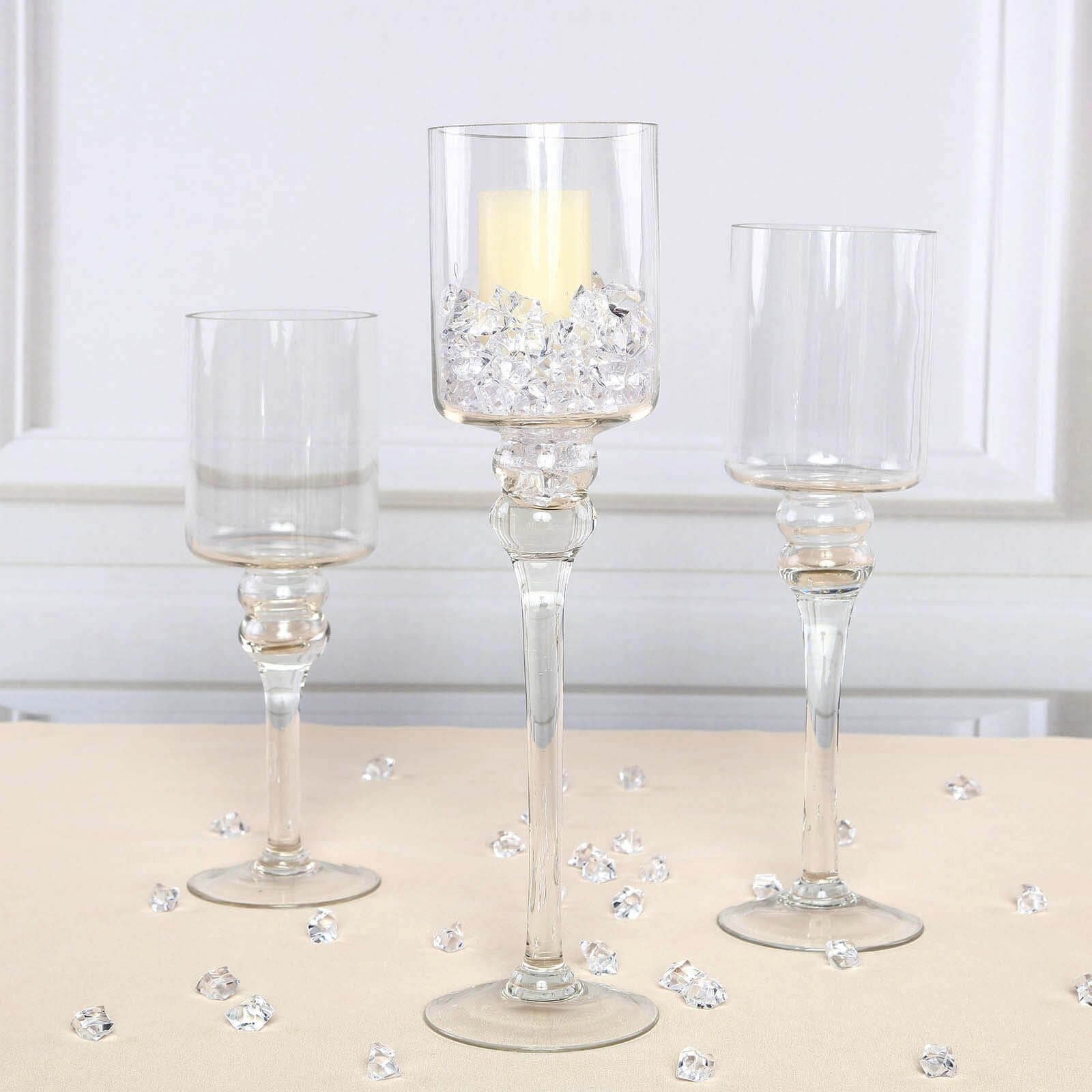 Set of 3 Glass Cylinder Vases Long Stem Clear - Decorative Candle Holder Floral Centerpieces 12", 14", 16"