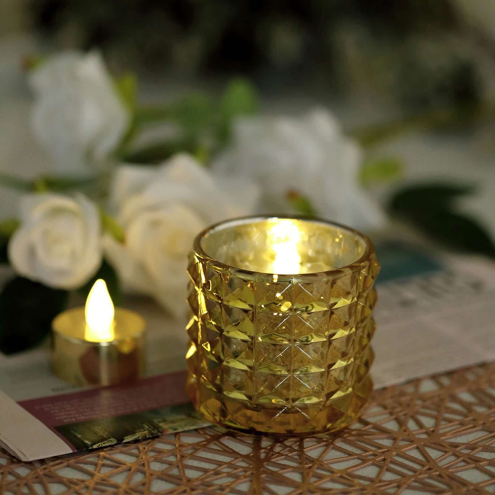 6 Pack 3" Studded Gold Mercury Glass Votive Holders, Faceted Tealight Candle Holders