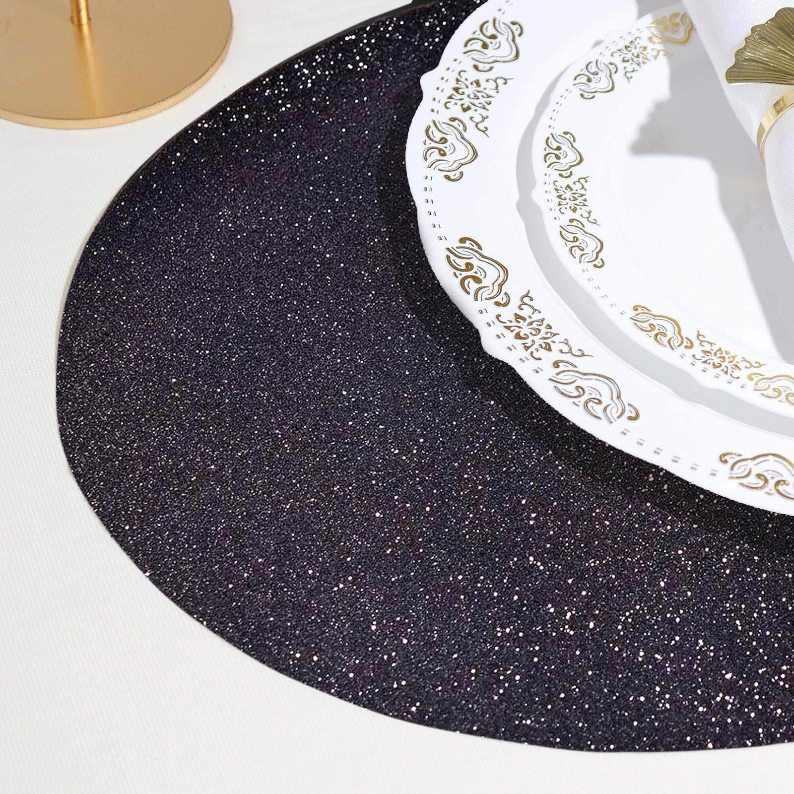 6-Pack Placemats Glitter Design Black Sparkle Oval - Non-Slip Decorative Table Mats for Dining 12"x18"