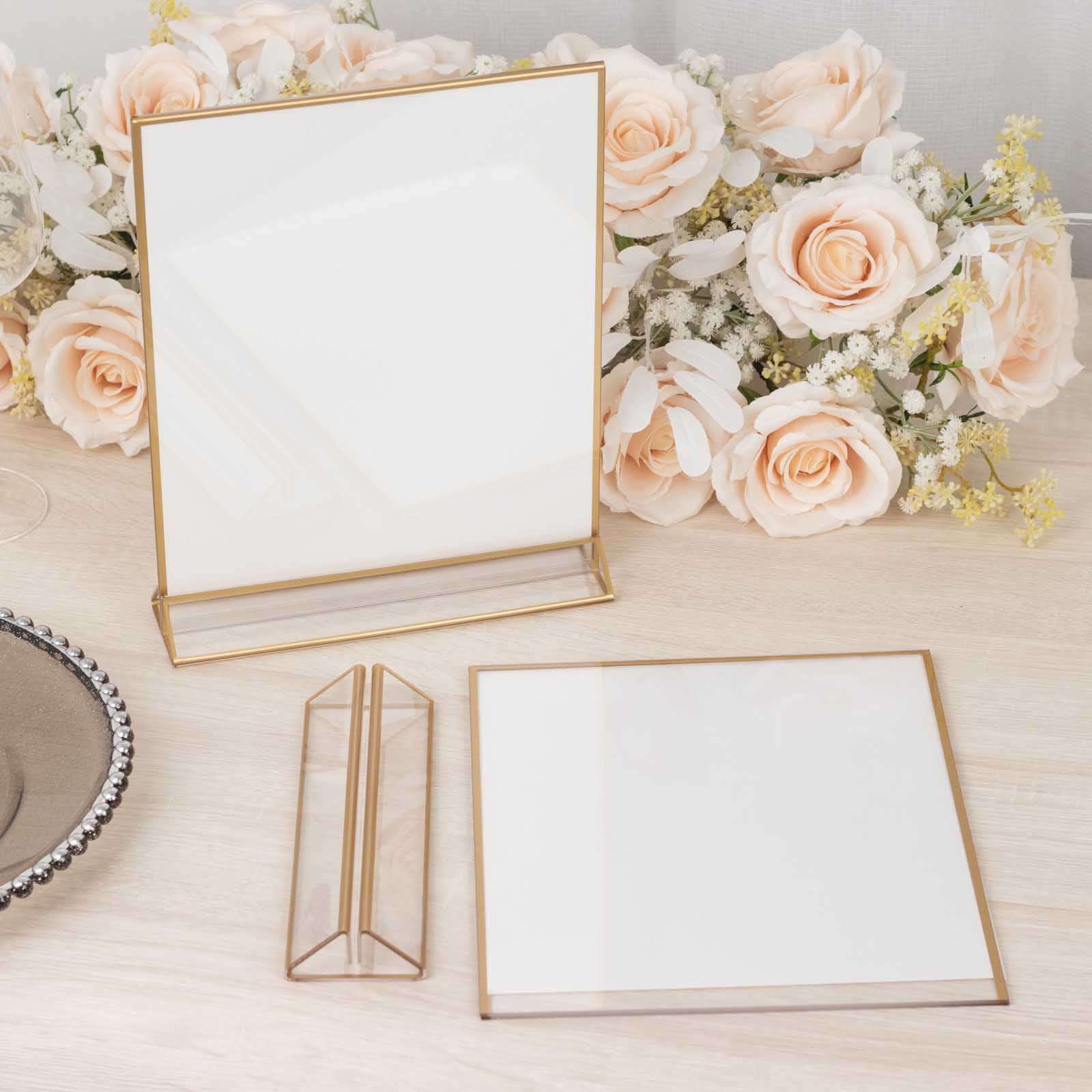 6-Pack Gold Acrylic Rectangular Frame Sign Holders Clear Double-Sided Display with White Cardboard - Suitable for Banquets 9"x11"