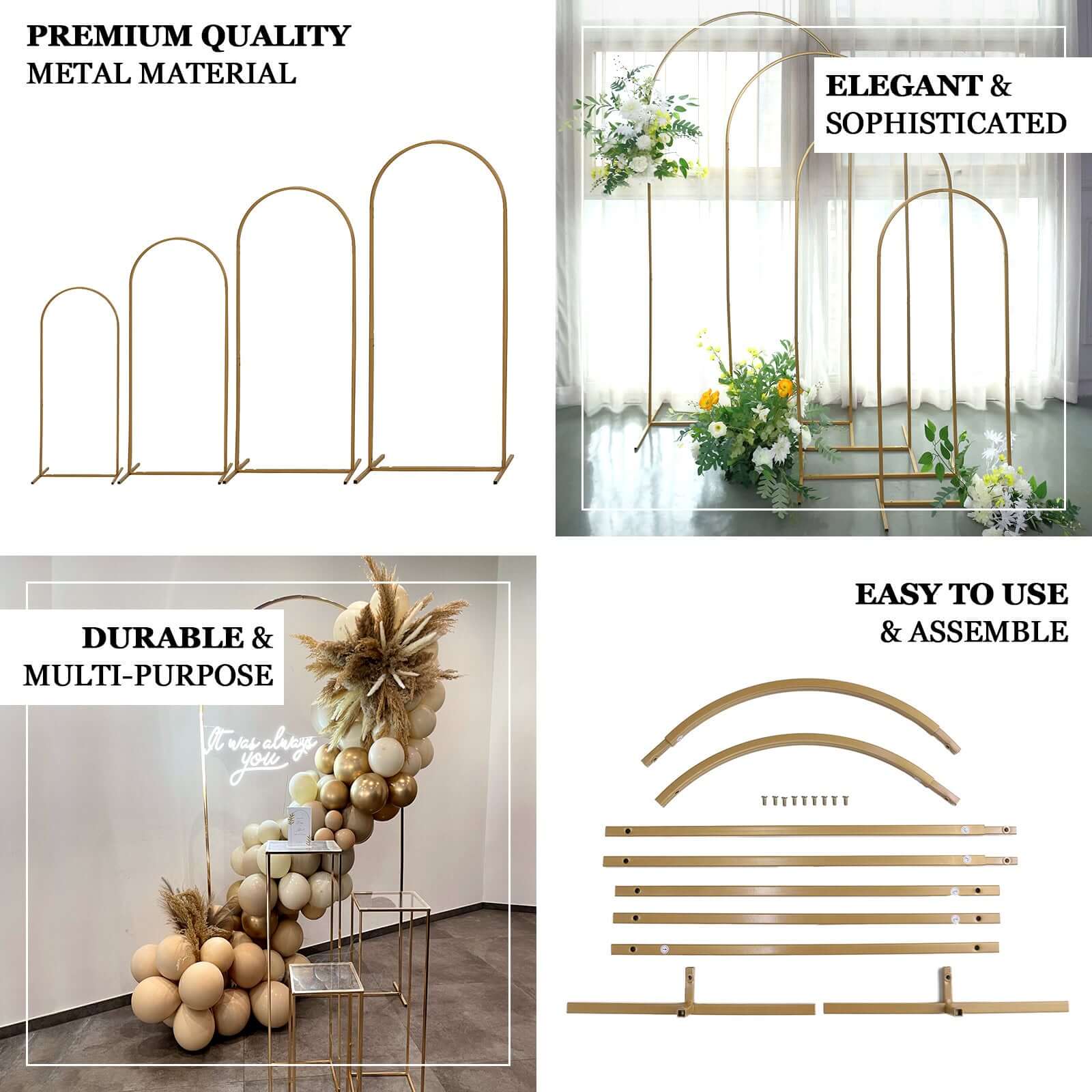 5ft Gold Metal Wedding Arch Chiara Backdrop Stand Floral Display Frame With Round Top