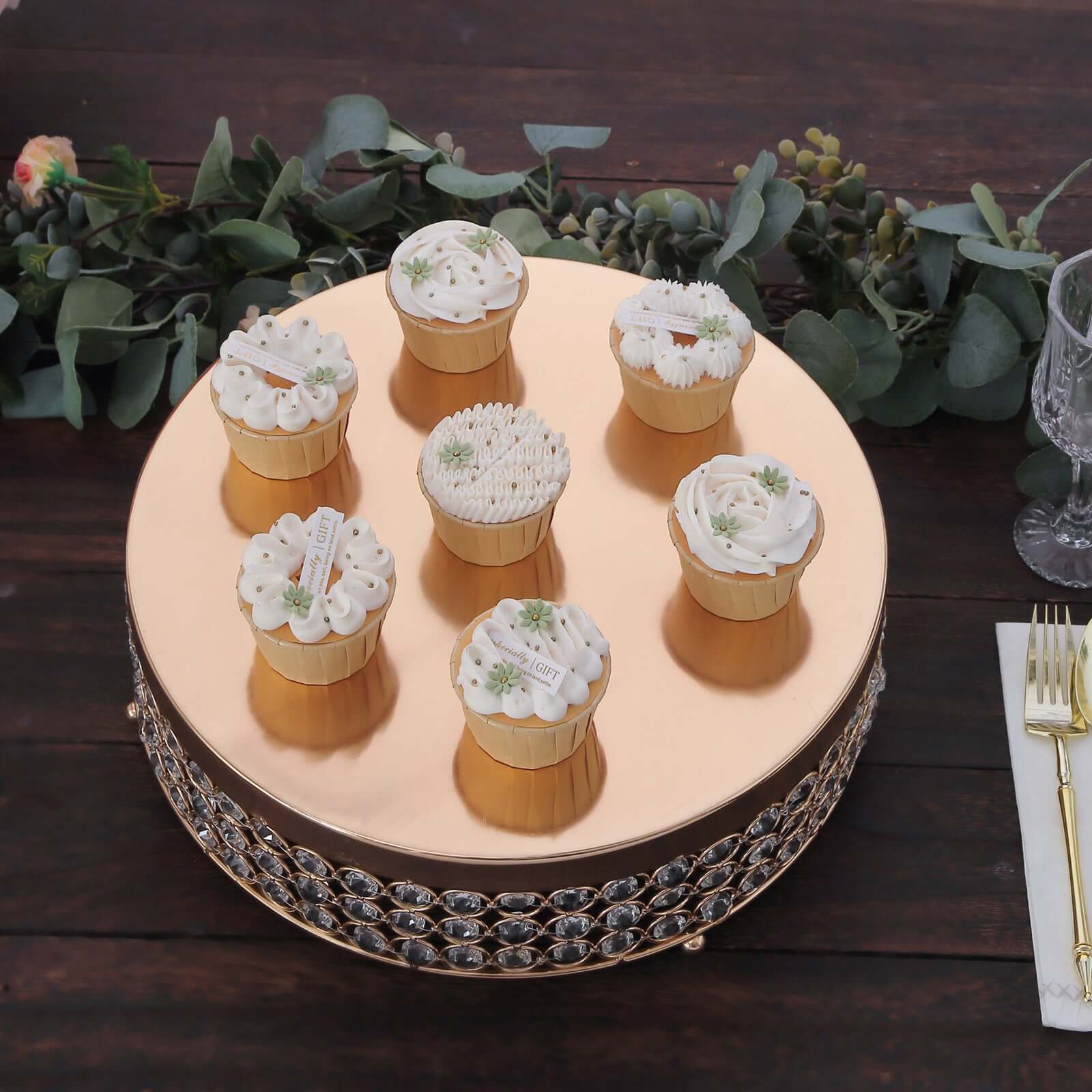 Metal Cake Stand Pedestal Crystal Beaded Design Gold - Cupcake Display and Dessert Riser 13"