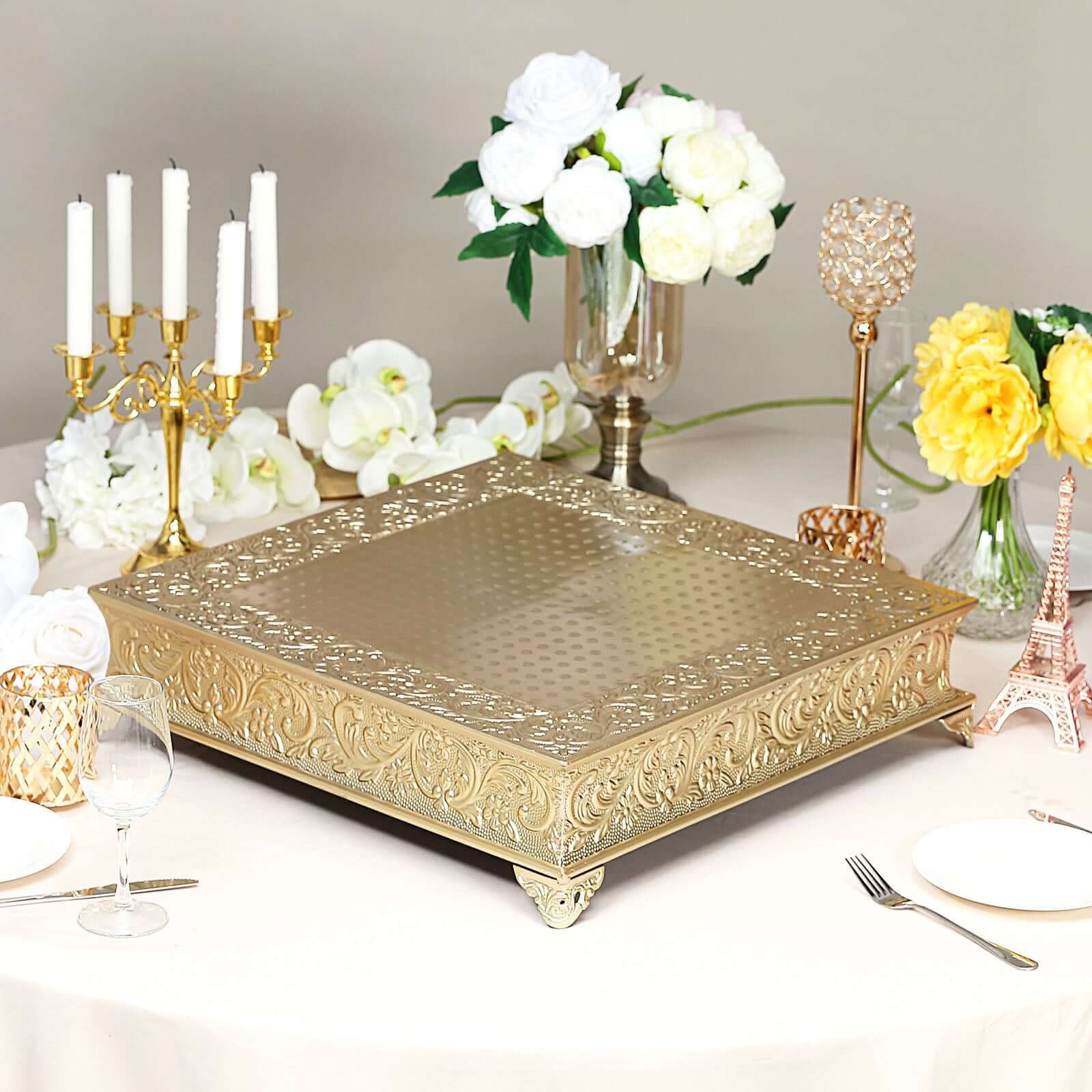 22" Square Gold Embossed Cake Pedestal, Metal Cake Stand Cake Riser