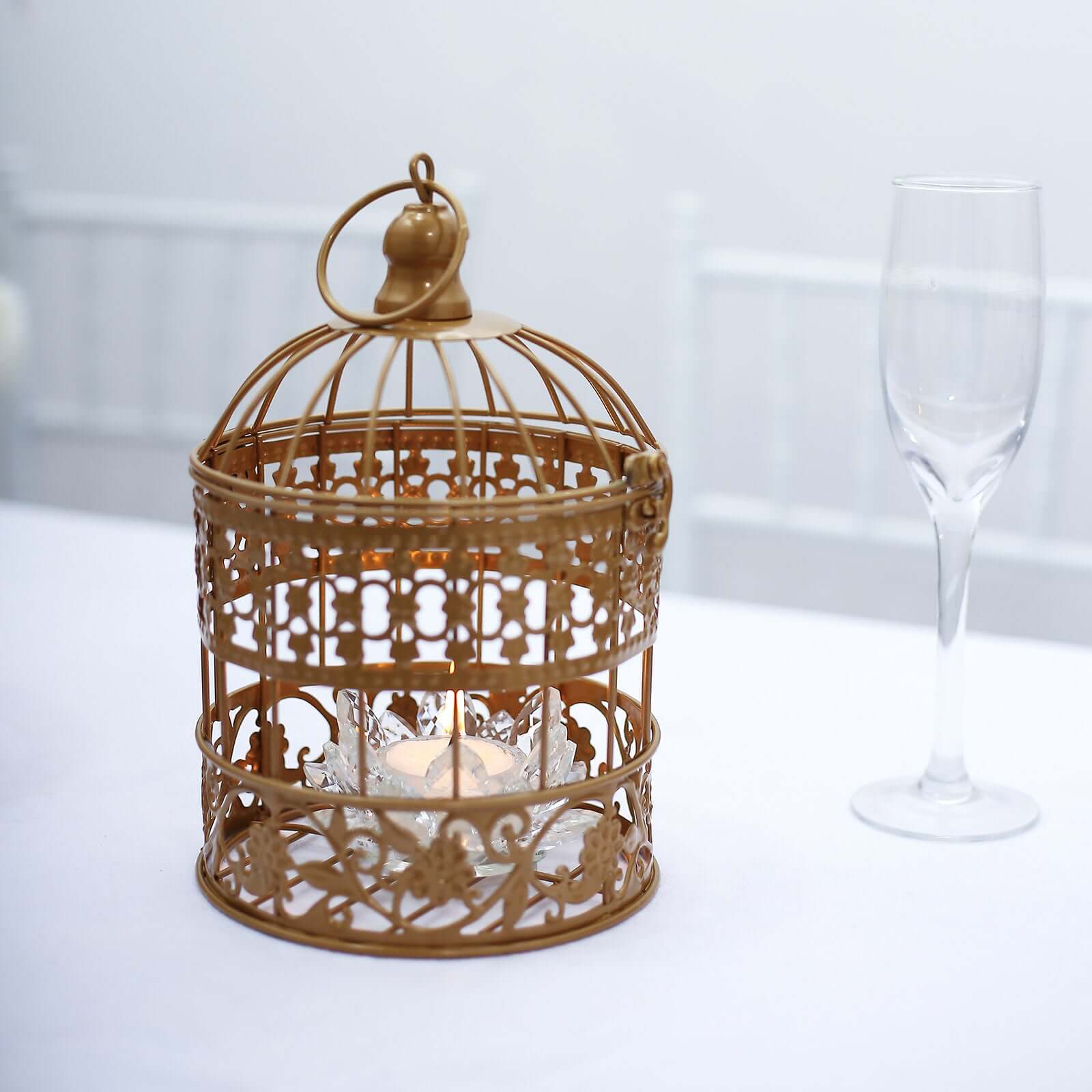 Set of 2 Card Holders Wrought Iron Bird Cage Design Metallic Gold - Decorative Display Stand 9"/13"