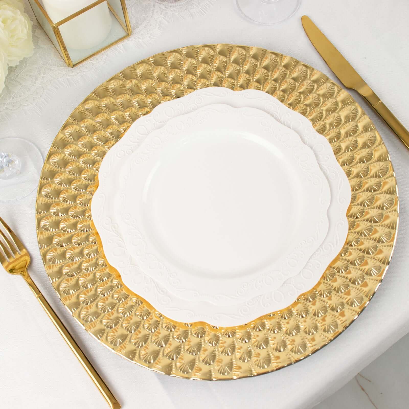 6-Pack Plastic Round Charger Plates 13" in Gold with Peacock Pattern, Exquisite Decorative Dinner Party Charger Tableware