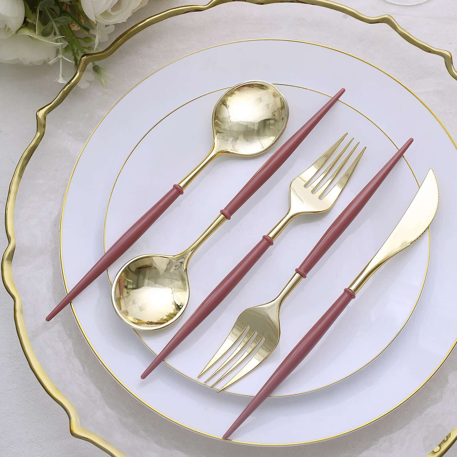24 Pack 8" Metallic Gold With Cinnamon Rose Disposable Silverware Set, Modern Premium Plastic Utensil Set