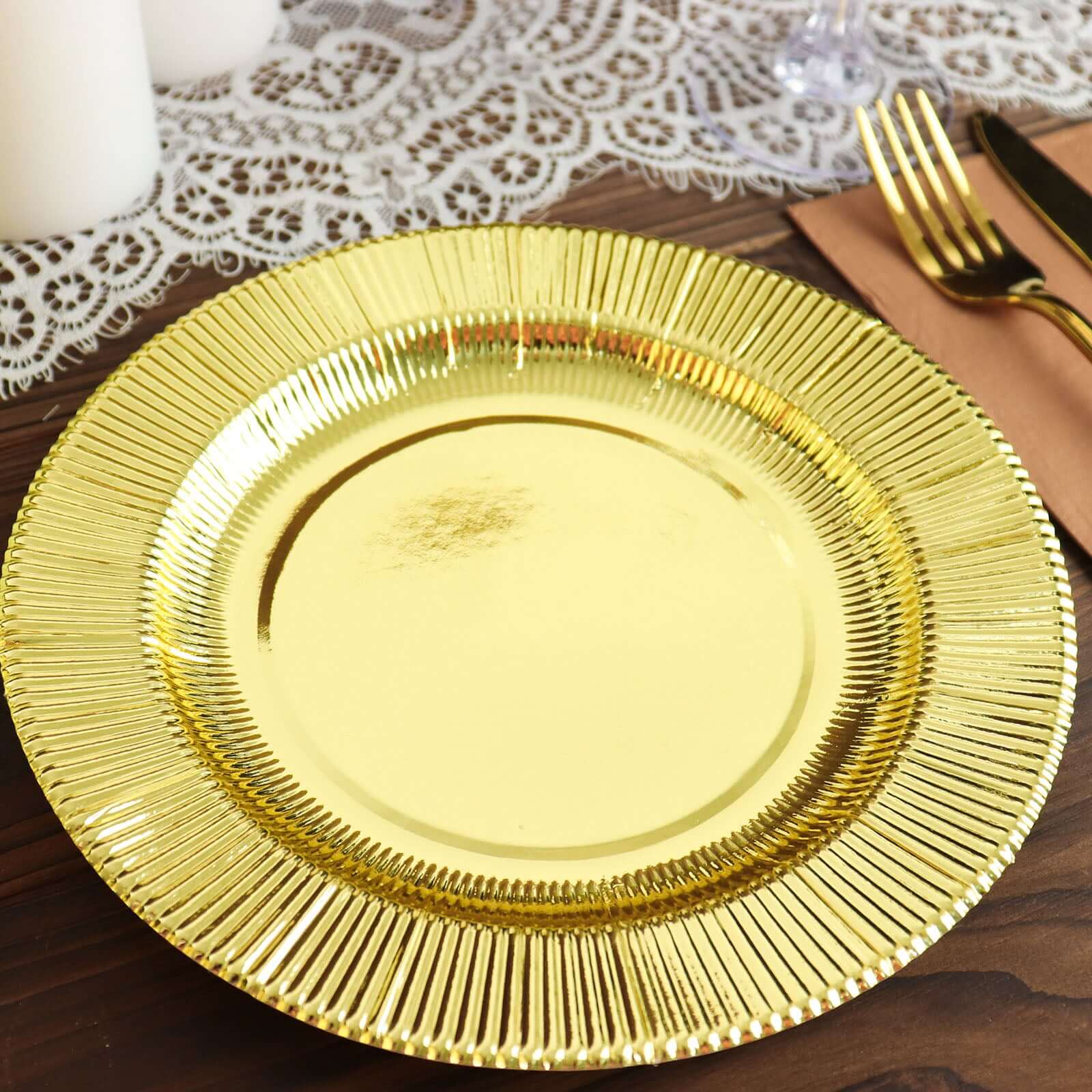 25-Pack Paper 8" Round Dessert Plates in Metallic Gold Sunray Design - Disposable Heavy Duty 350GSM Appetizer Salad Plates