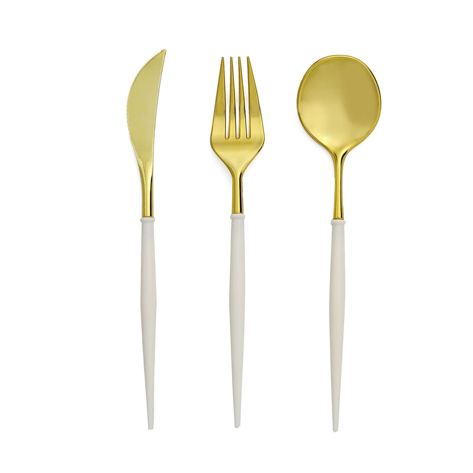 24-Pack Plastic Flatware Set in Metallic Gold with Ivory Handle - Heavy Duty Disposable Modern Silverware 8"