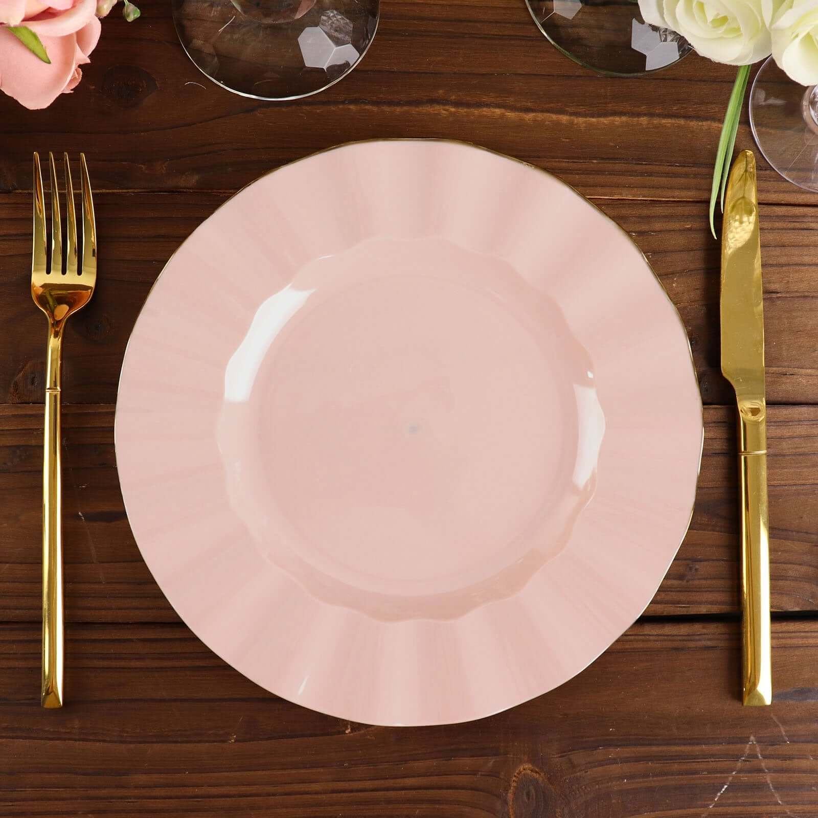 10-Pack Plastic 9" Round Dinner Plates in Blush Ruffled Rim with Gold Edging - Sturdy Disposable Dinnerware
