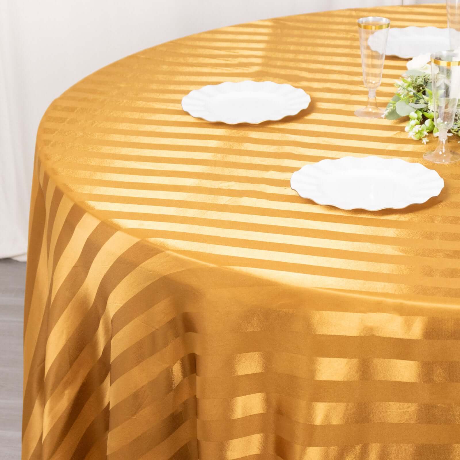 Satin Striped 120" Round Tablecloth Gold Satin Stripe - Silky Smooth Seamless Wedding Decor