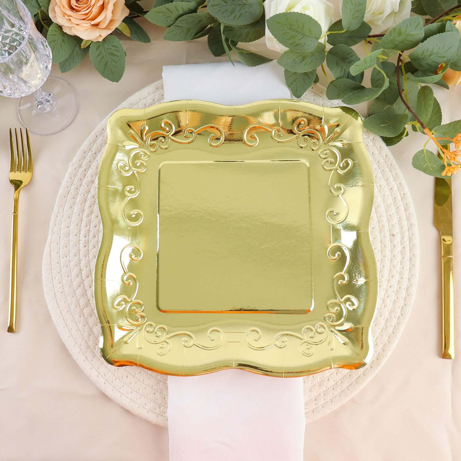 25-Pack Paper 11" Square Dinner Plates in Gold with Vintage Pottery Embossed Design - Shiny Metallic Disposable Serving Plates for Glamorous Dinners & Events