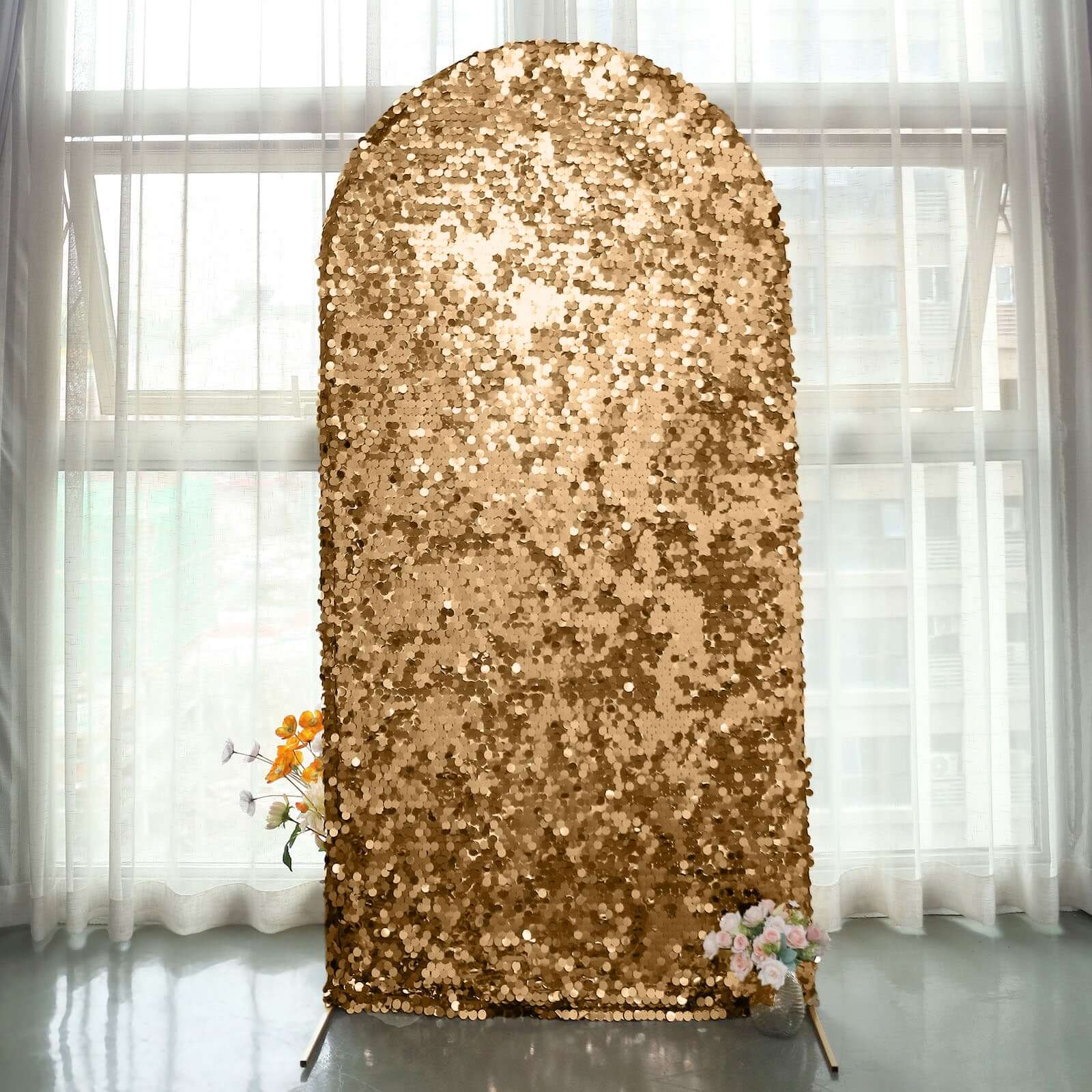 7ft Sparkly Gold Double Sided Big Payette Sequin Chiara Backdrop Stand Cover For Fitted Round Top Wedding Arch