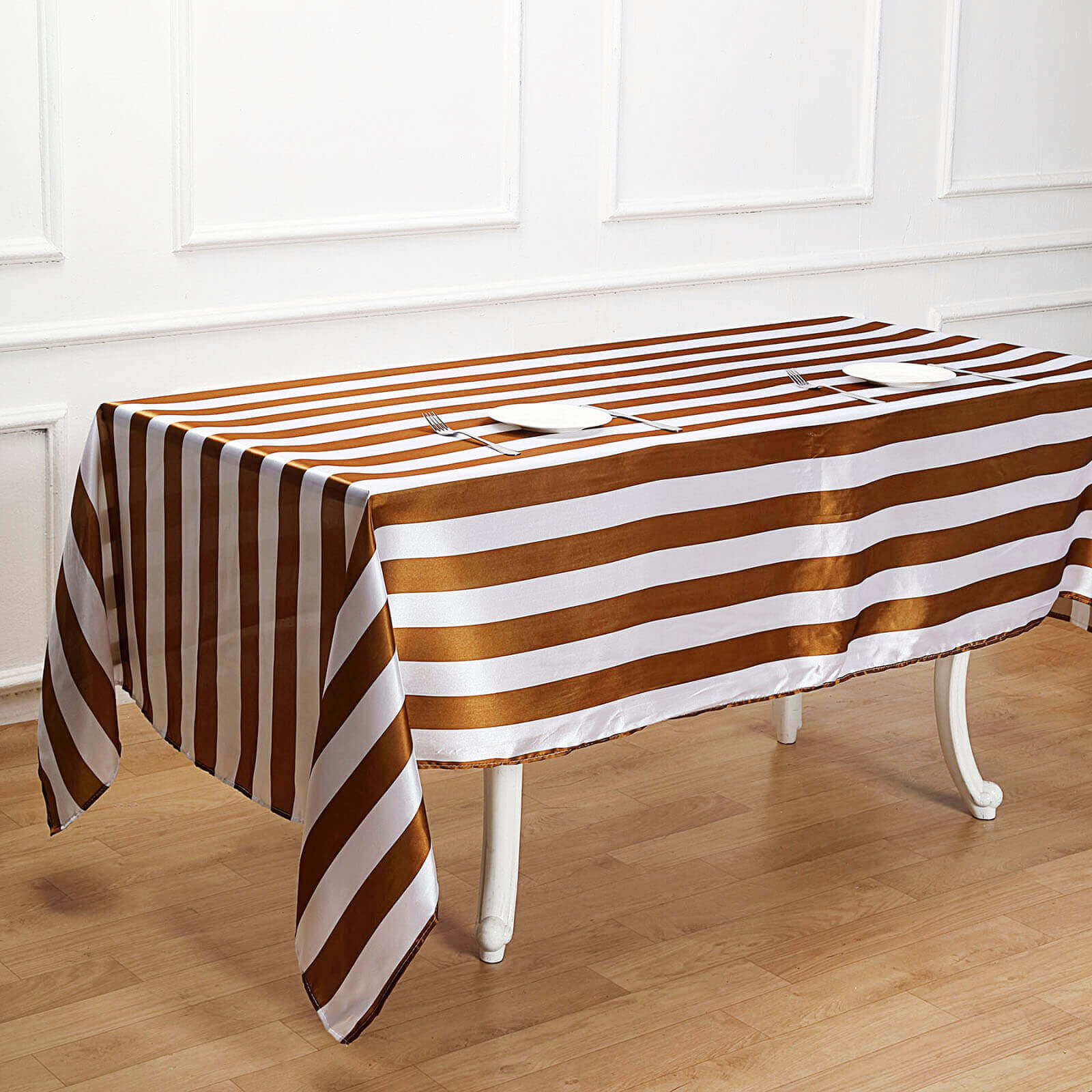 Satin 60"x102" Rectangle Tablecloth Gold/White - Stripe Design with Stylish Smooth Finish Table Cover