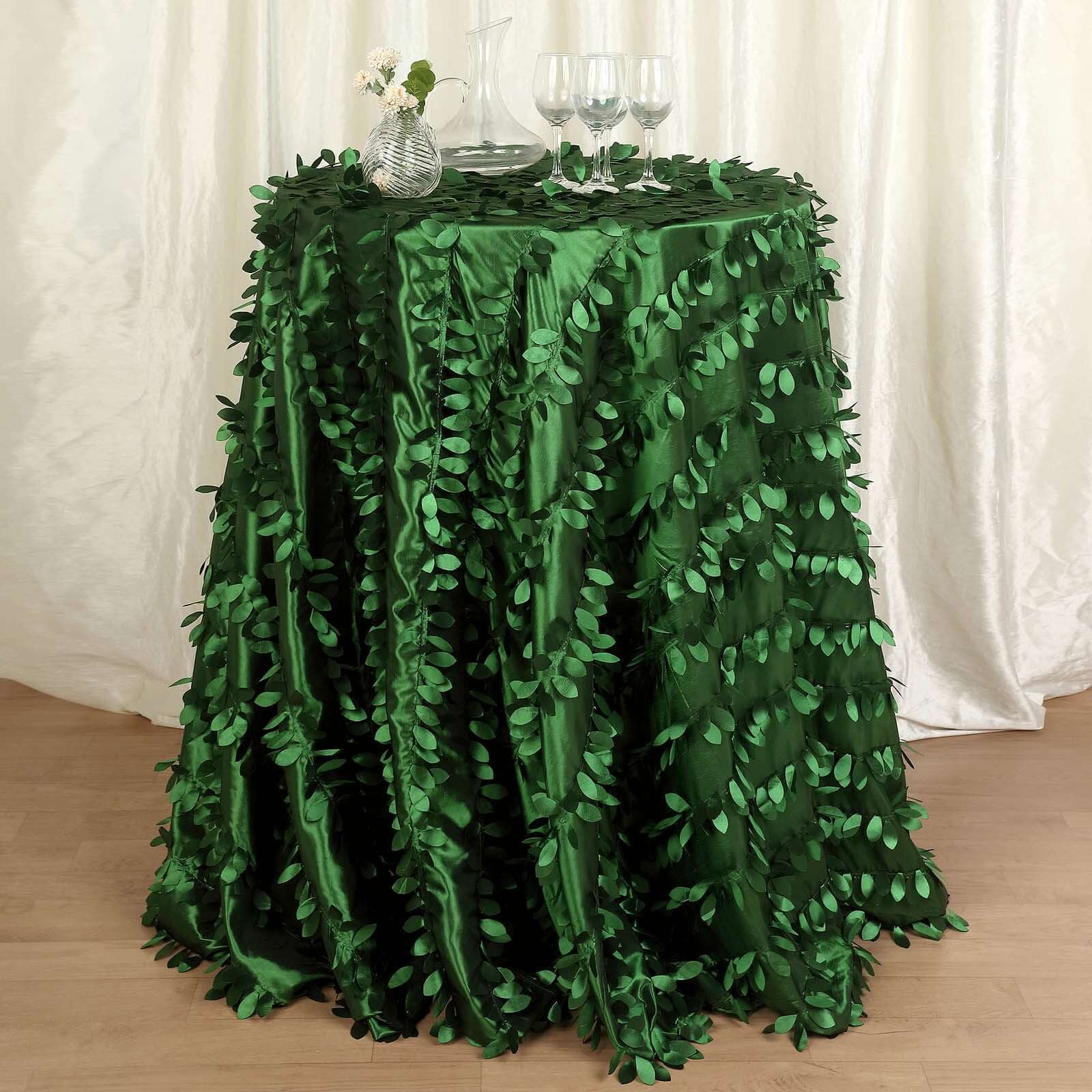 Taffeta 132" Round Tablecloth Green Leaf | 3D Leaf Petal Design Seamless Table Cover