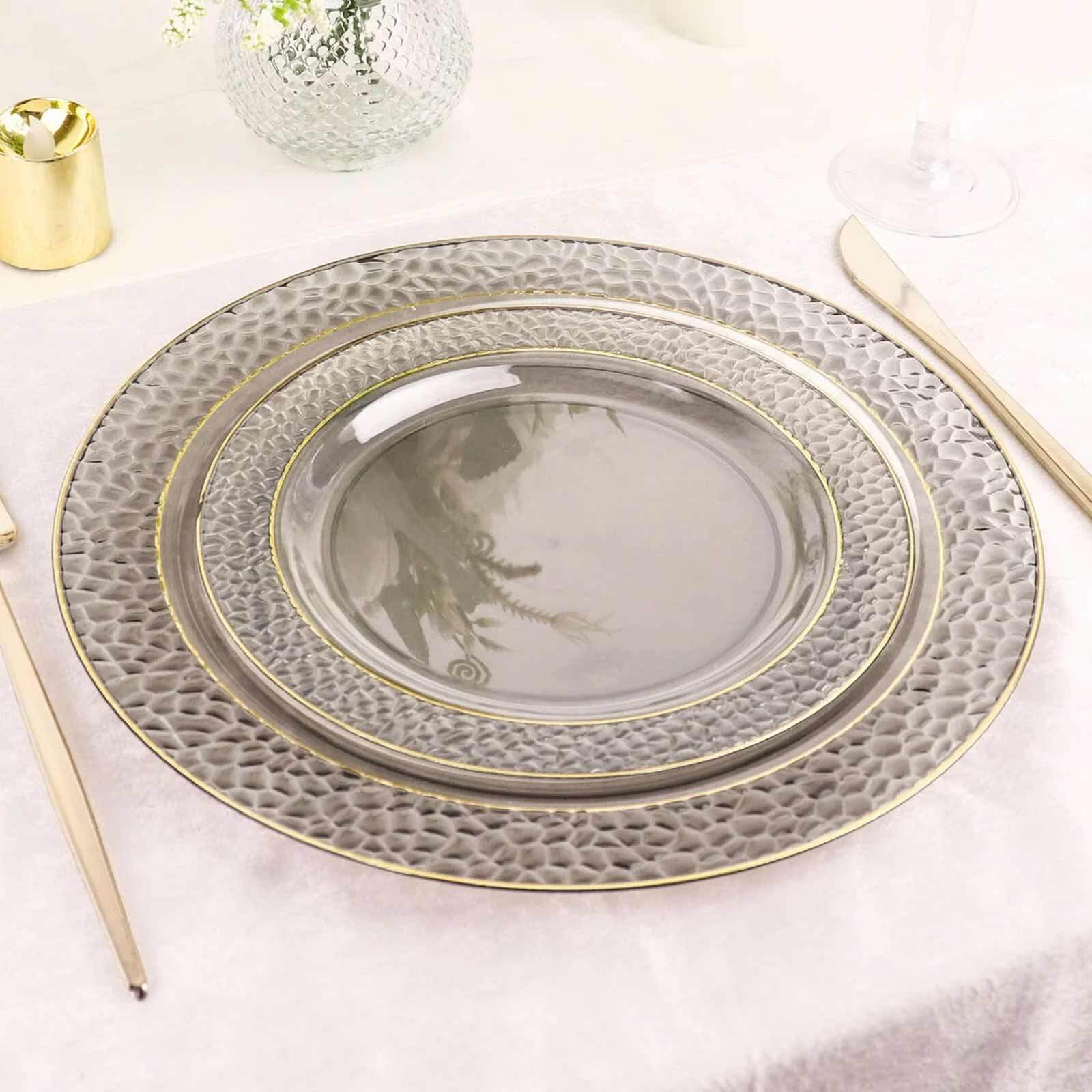 10-Pack Plastic 7.5" Round Appetizer Plates in Opaque Black Hammered Design with Gold Rim - Disposable Salad Plates for Chic Banquets & Special Occasions