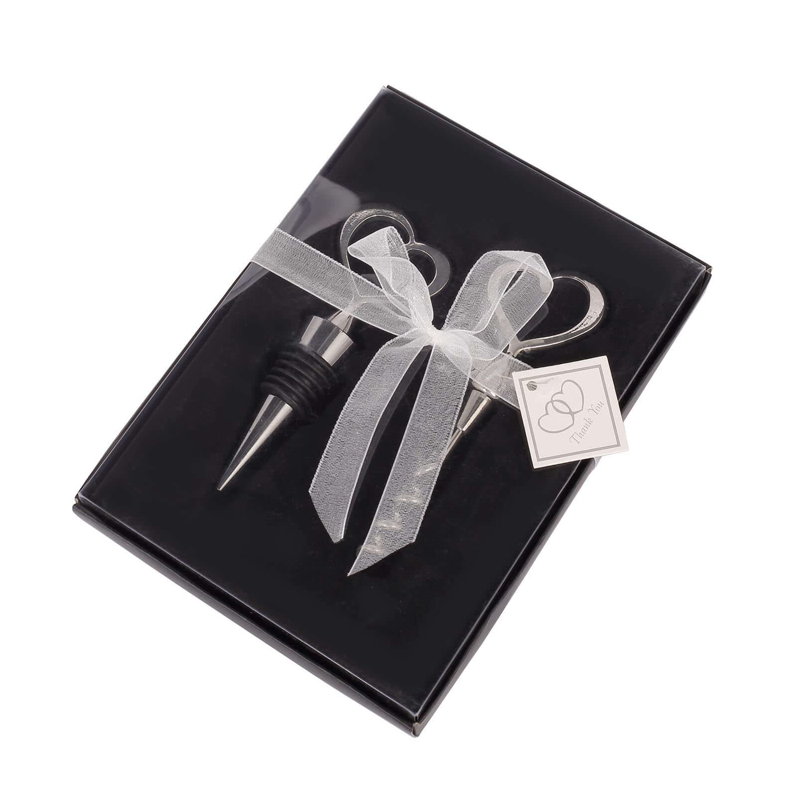 Silver Metal Heart Wine Bottle Opener Cork Stopper Party Favors Souvenir Gift Set, Wedding Favor in Velvet Box - 4.5",5"