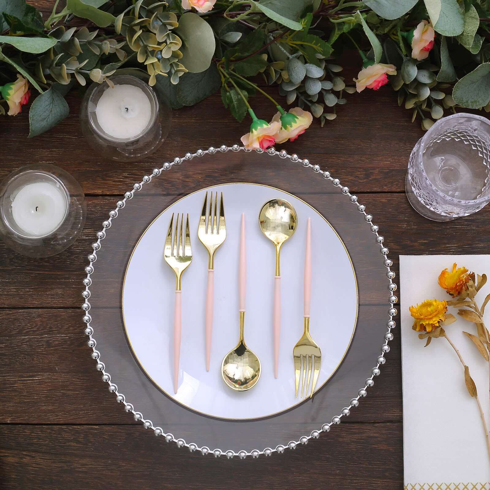 24-Pack Plastic Fork and Spoon Set Gold/Rose Gold - Heavy Duty Disposable Modern Utensils 6"