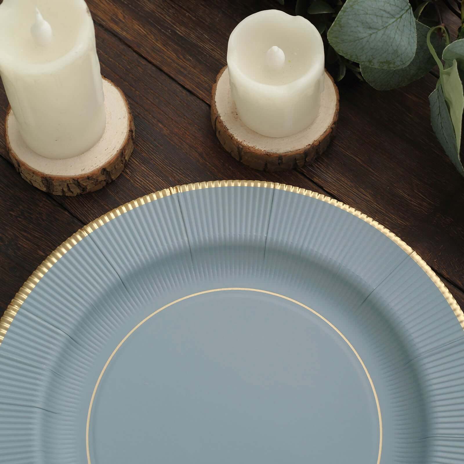 25-Pack Paper 10" Round Dinner Plates in Dusty Blue Sunray Design with Gold Rim - Disposable Heavy Duty 350GSM Party Plates