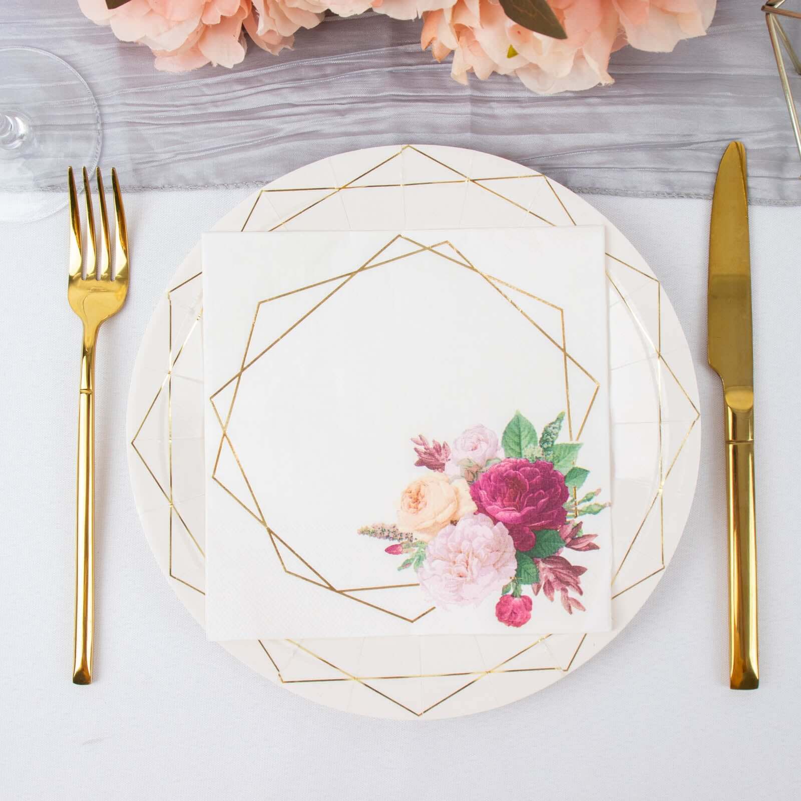 20-Pack Paper Napkins White with Gold Hexagon Frame & Floral Print 6.5"