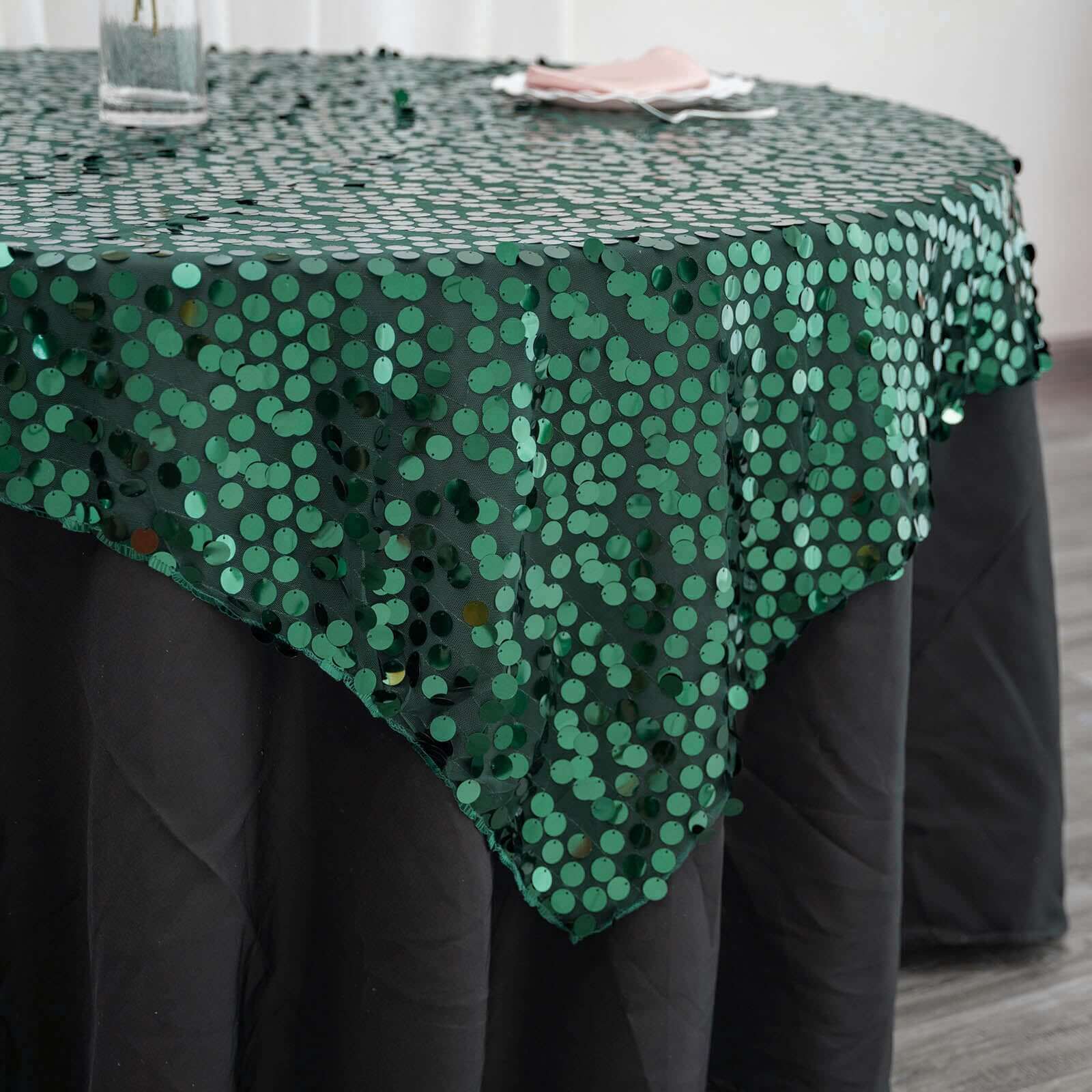Sequin 72"x72" Table Overlay Square Tablecloth Hunter Emerald Green - Big Payette Table Cover