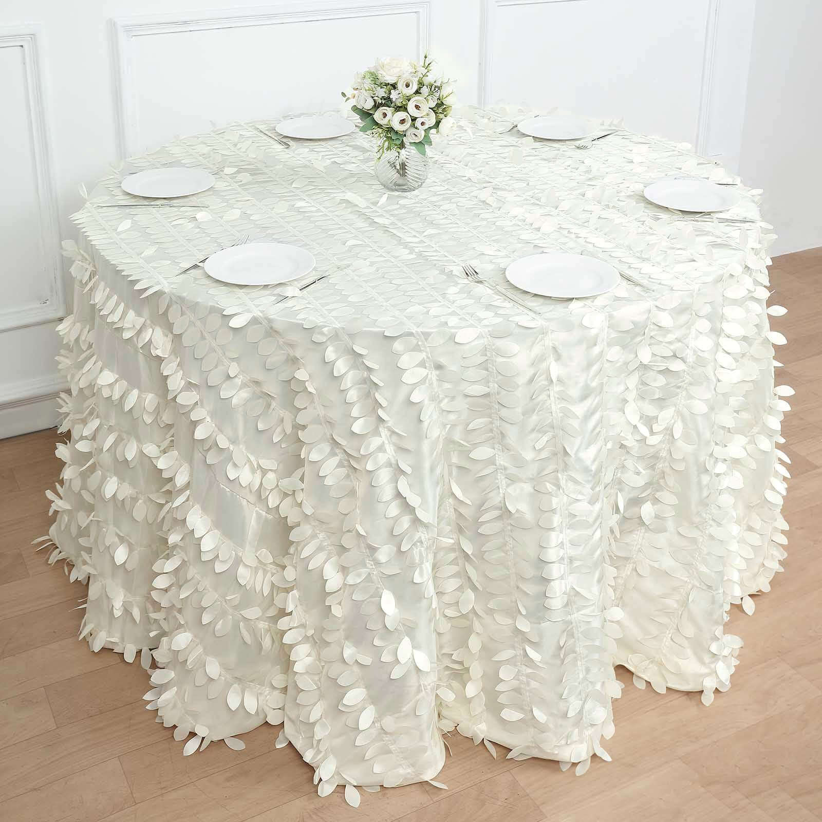 Taffeta 120" Round Tablecloth Ivory Leaf | 3D Leaf Petal Design Seamless Table Cover