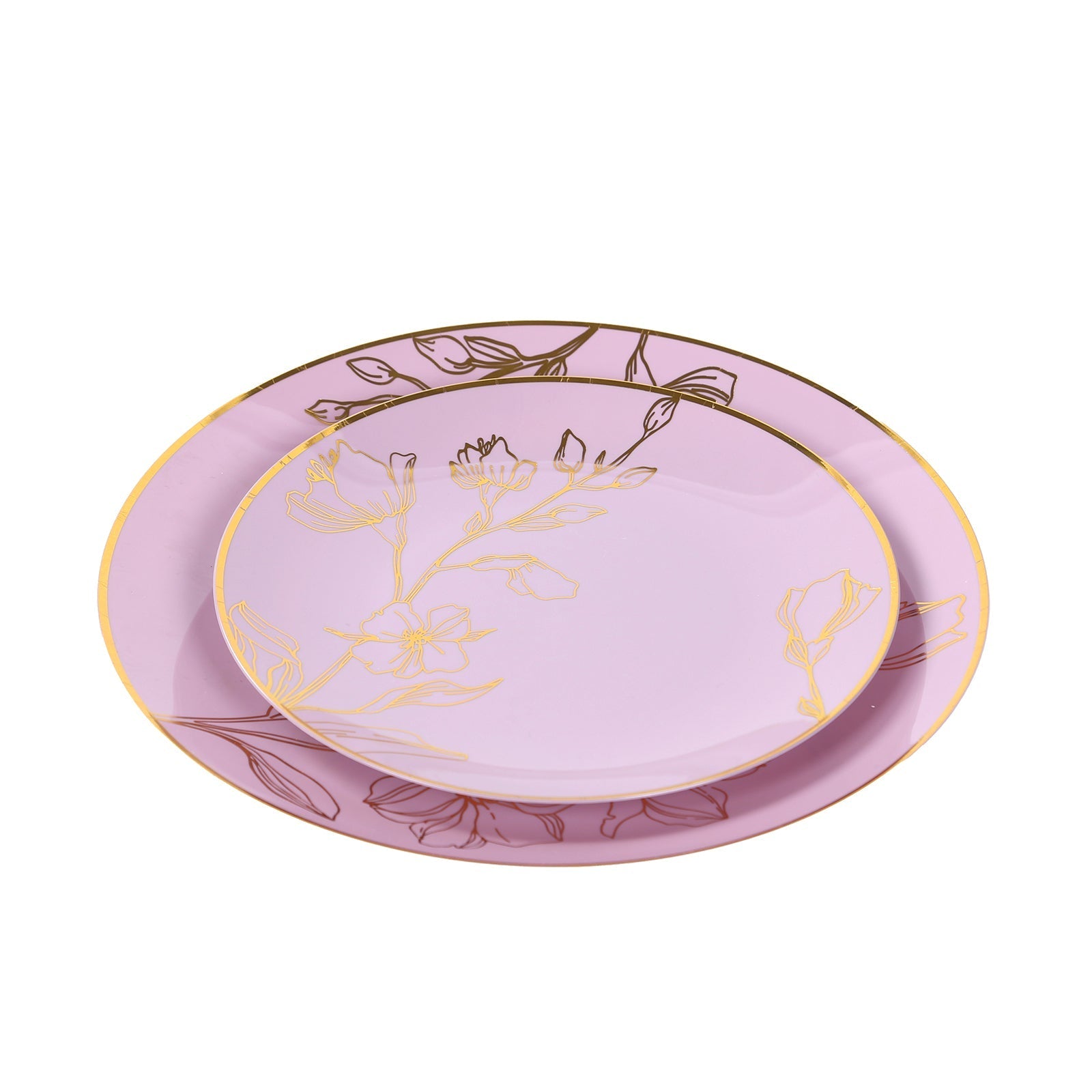 Set of 20 Plastic Round Dinner and Dessert Plates in Lavender Lilac with Metallic Gold Floral Design - Stylish Disposable Dinnerware 8", 10"