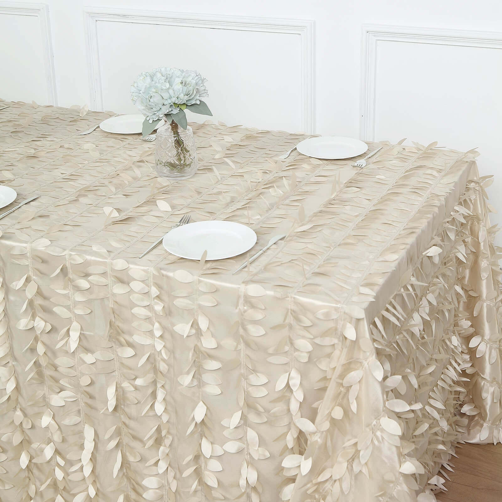 Taffeta 90"x156" Rectangle Tablecloth Beige | 3D Leaf Petal Design Seamless Table Cover
