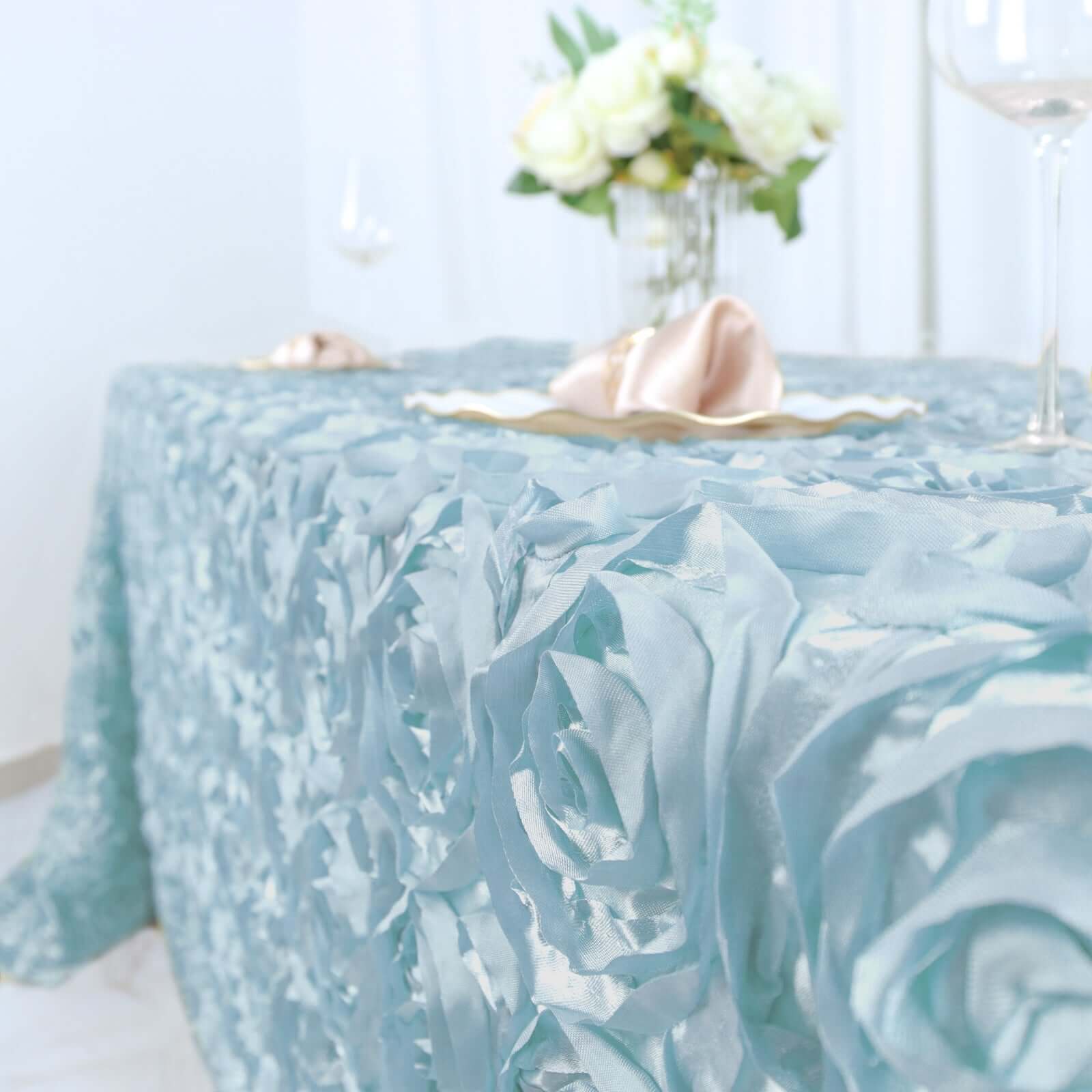Satin 90"x132" Rectangle Tablecloth Light Blue - Grandiose 3D Rosette Seamless Table Cover