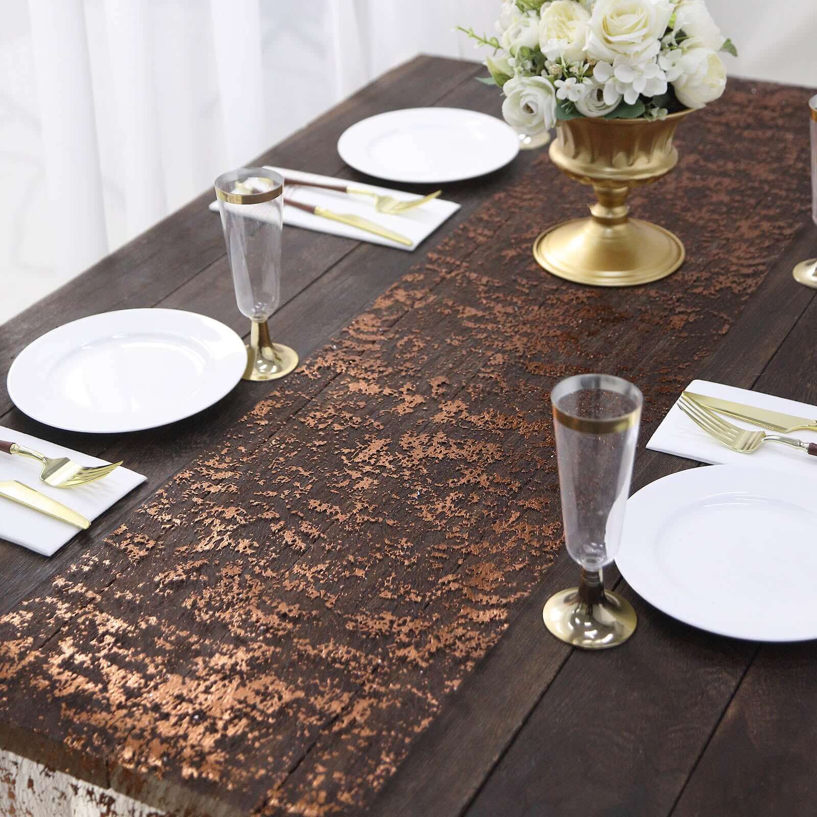 Mesh Polyester 108" Table Runner Roll Metallic Bronze - Distressed Foil Look Disposable Table Decor