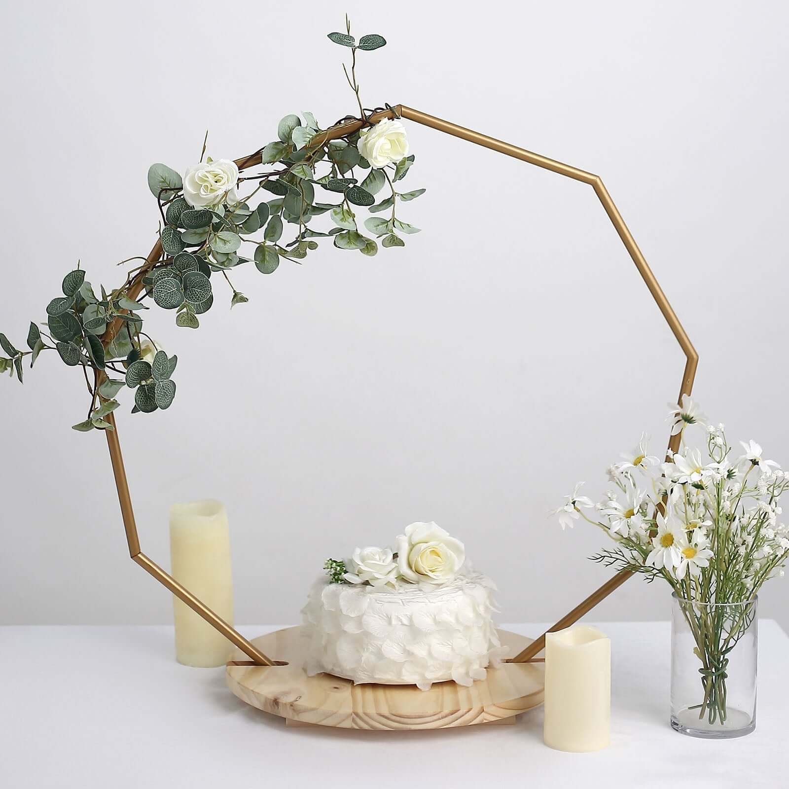 Metal Nonagon Floral Hoop Cake Stand Gold - Chic Geometric Dessert Display DIY Centerpiece Table Decoration With Wooden Base 27"