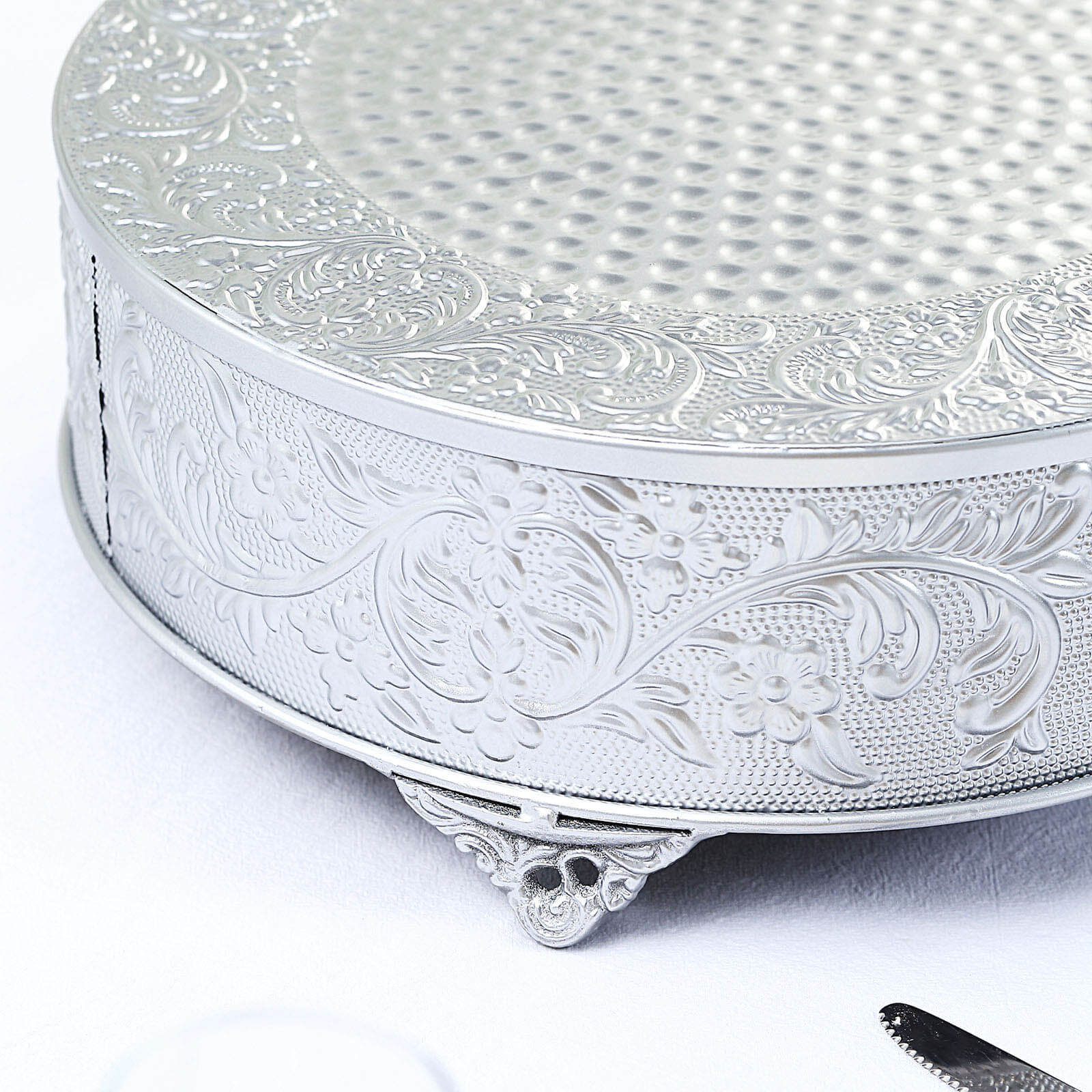 Metal 14" Round Cake Pedestal Stand Matte Silver - Cupcake Dessert Display Riser with Intricate Embossed Design for Upscale Events & Gatherings