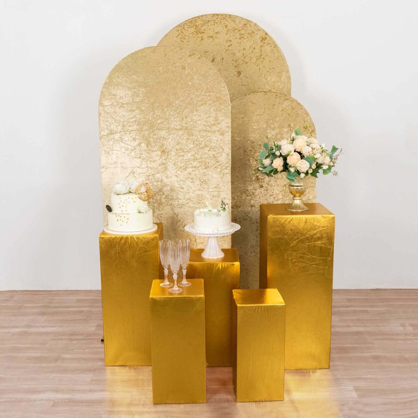 Set of 5 Metallic Gold Spandex Rectangle Pedestal Stand Covers, Stretchable Pillar Prop Covers - 160 GSM